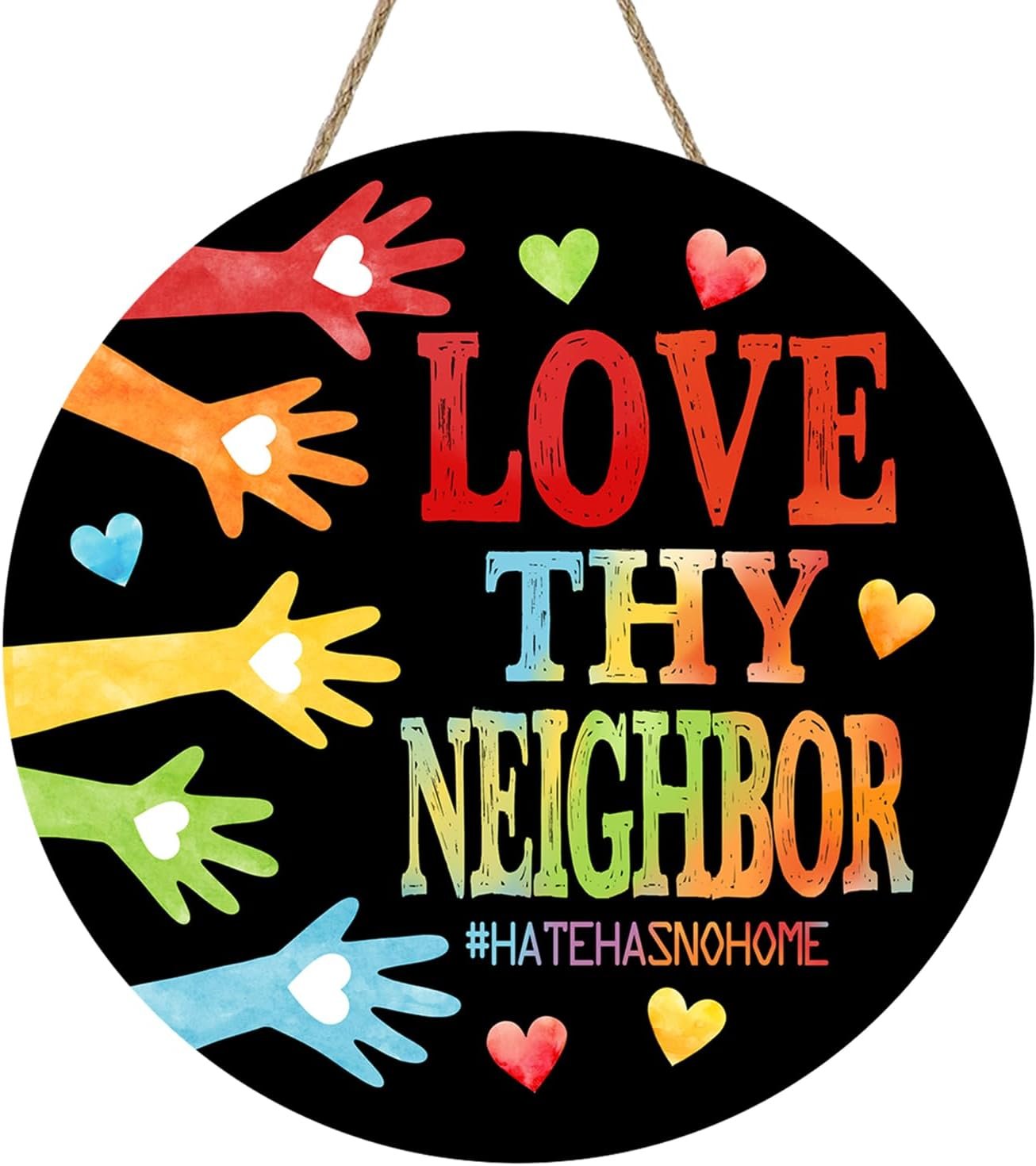 Love Thy Neighbor Front Door Sign, Rainbow Hands Hearts Wooden Hanger Outdoor Outside Porch Home Decor, Equality Peace Kindness Wreath Indoor Wall Hanging Decoration Gift for Family Friend