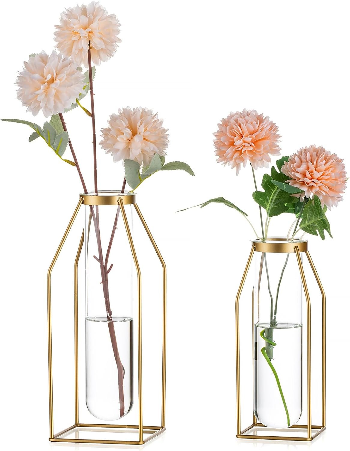 Sziqiqi Metal Flower Vase Table Decor – Gold Frame Vase with Glass Test Tubes 8″/10″ Modern Bud Vase for Coffee Table Living Room Abstract Geometric Art Vase for Rose Hydroponic Plant Pampas