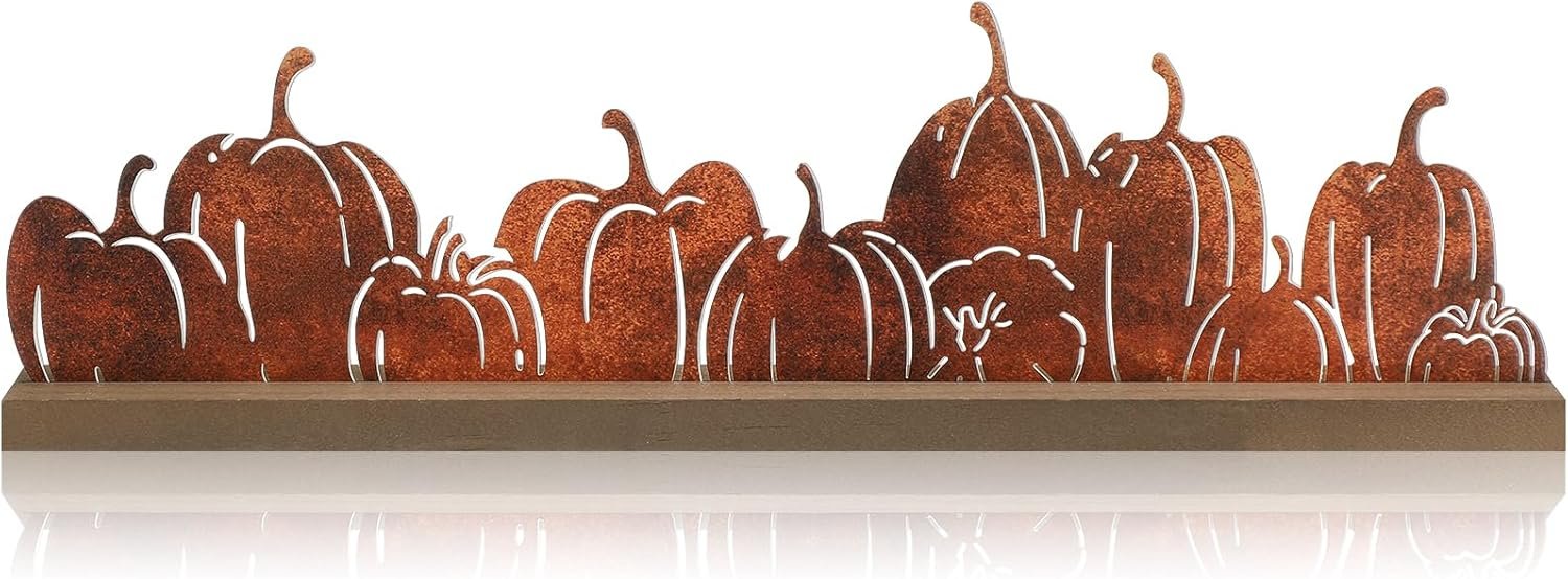 DoubleFill Fall Decorations for Home Fall Metal Pumpkin Sign Thanksgiving Pumpkin Table Centerpieces Thanksgiving Tiered Tray Decor with Wooden Base for Mantel Shelf Desk Home Office Kitchen Decor
