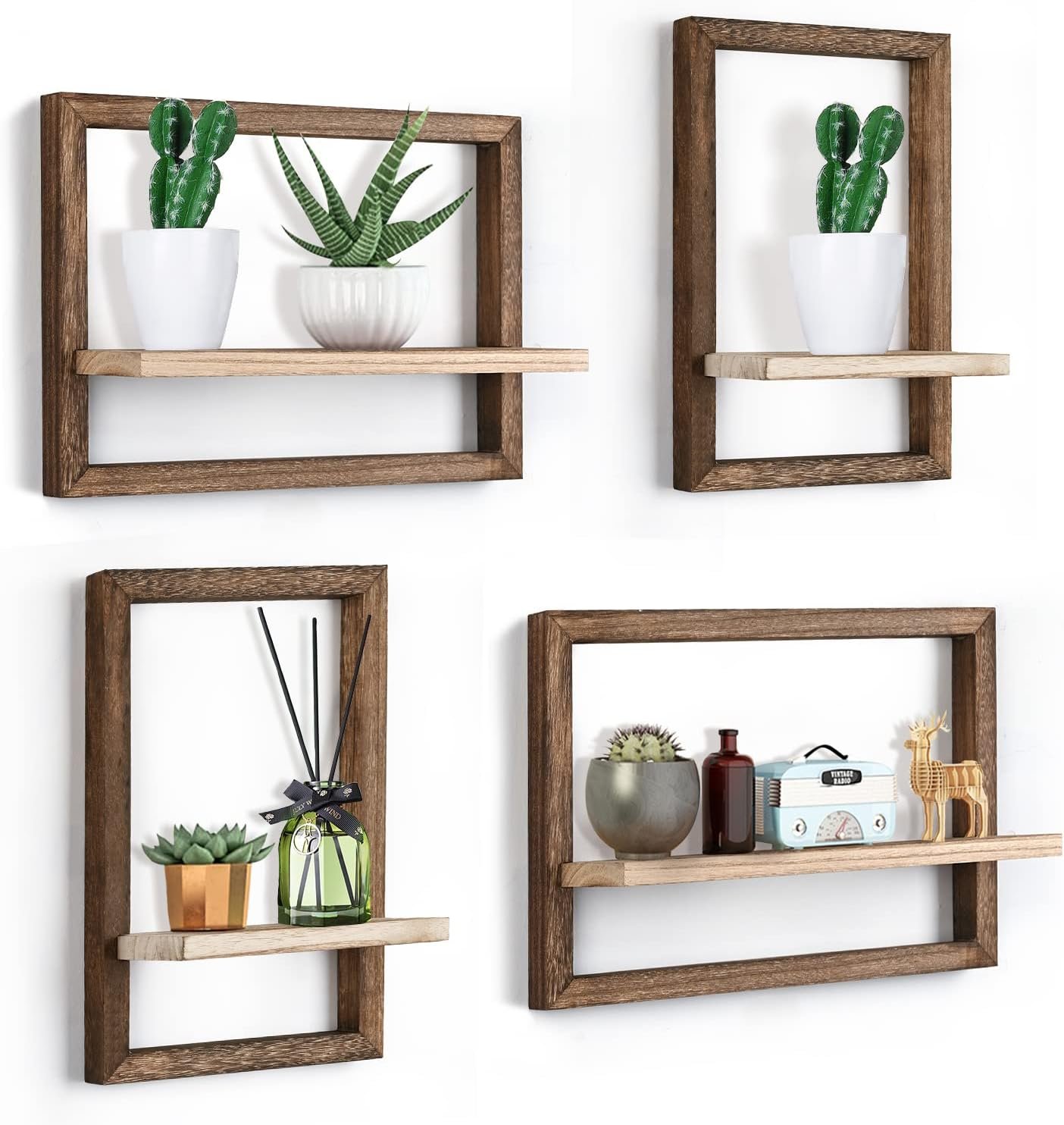 idee-home Floating Shelves for Wall Set of 4, Square Wood Floating Shelf for Plant, Decorative Storage Hanging Shelf, Wall Mounted Bathroom, Bedroom, Living Room, Kitchen Decor, 15 Inch Rustic Brown