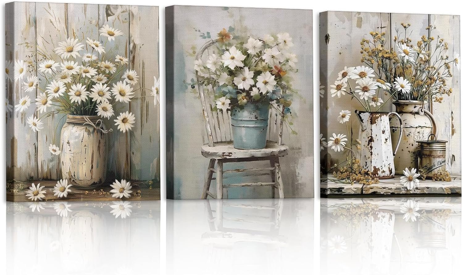 MotiMind 3 Pcs Daisy Bathroom Wall Decor Fall Rustic Farmhouse Pictures Wall Decor Canvas Soothing Calming Nature Botanical Vintage Floral Country Prints Spring Summer for Bedroom 9.84×7.87”