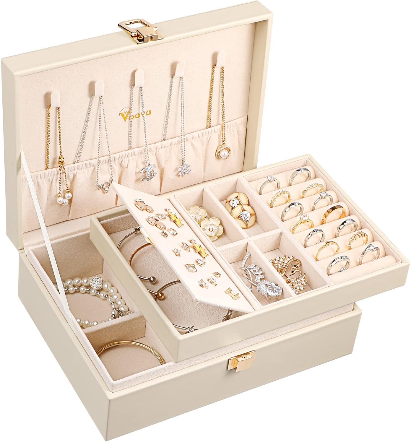 Voova Jewelry Box Organizer for Women Girls, 2 Layer Large Men Jewelry Storage Case, PU Leather Display Jewellery Holder with Removable Tray for Necklace Earrings Rings Bracelets, Vintage Gift,Apricot