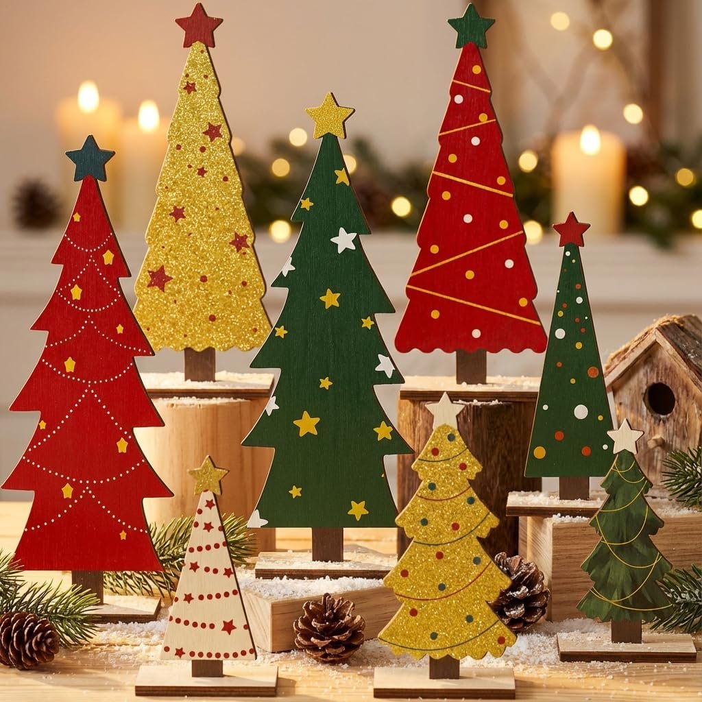 8PCS Christmas Wooden Tabletop Tree Decorations Set, Winter Holiday Wood Tree Table Centerpieces Fireplace Mantel Decor Merry Xmas Sign Table Top Party Supplies