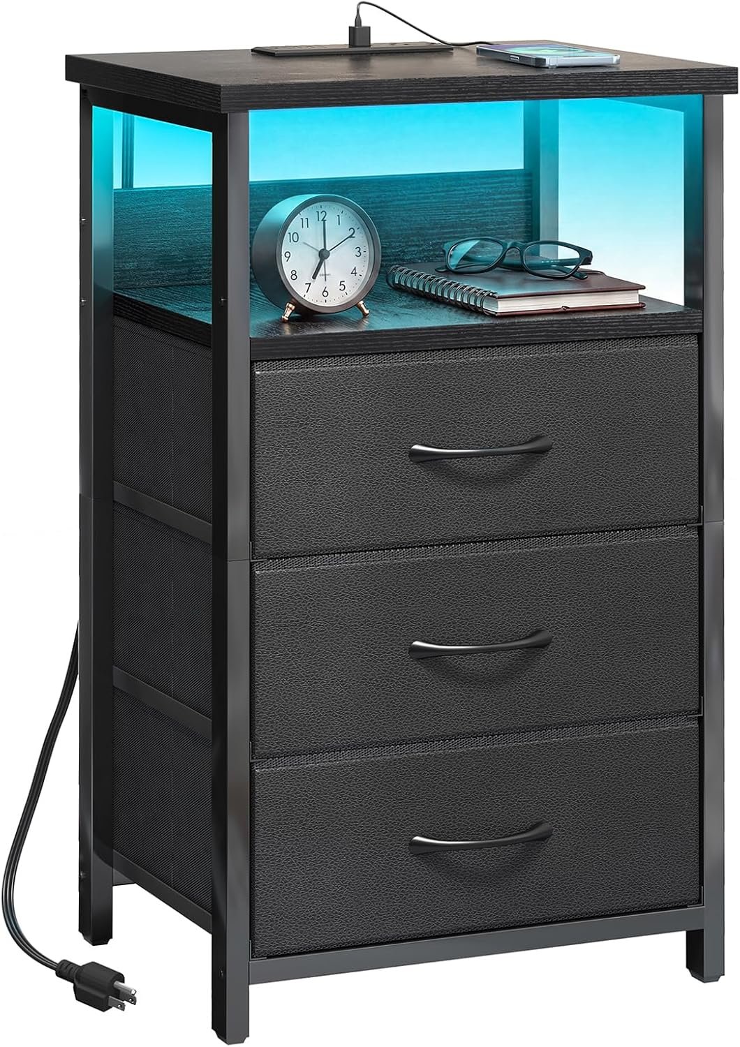 Fixwal Night Stand with 3 Fabric Storage Drawers, LED Nightstand with Charging Station, Bedside Table, Black