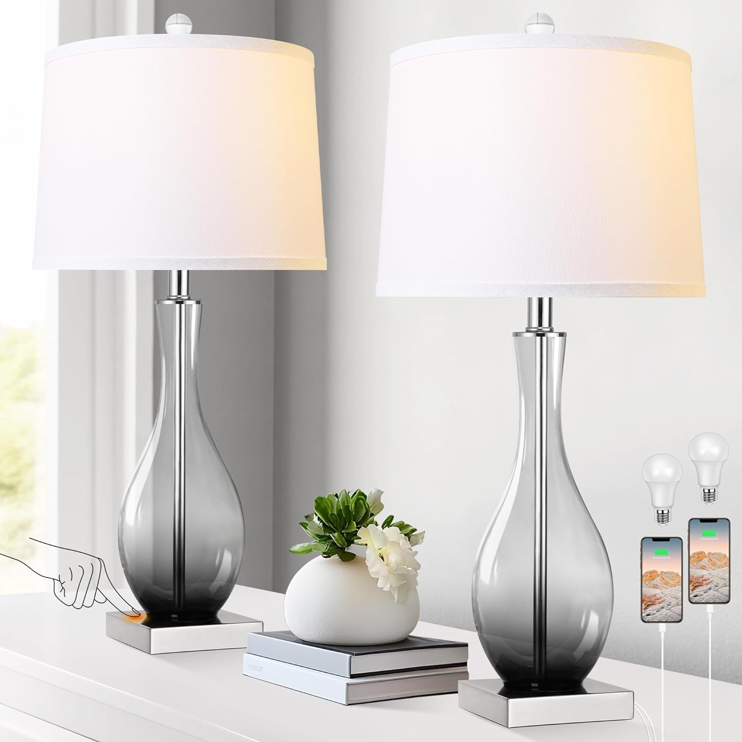 Table Lamps Set of 2 with Touch Control, 3-Way Dimmable Modern Glass table lamp for Living Room with USB C and A Charging Ports， 27″ Bedside Desk Lamps for Nightstand Decorations(LED Bulbs Included)