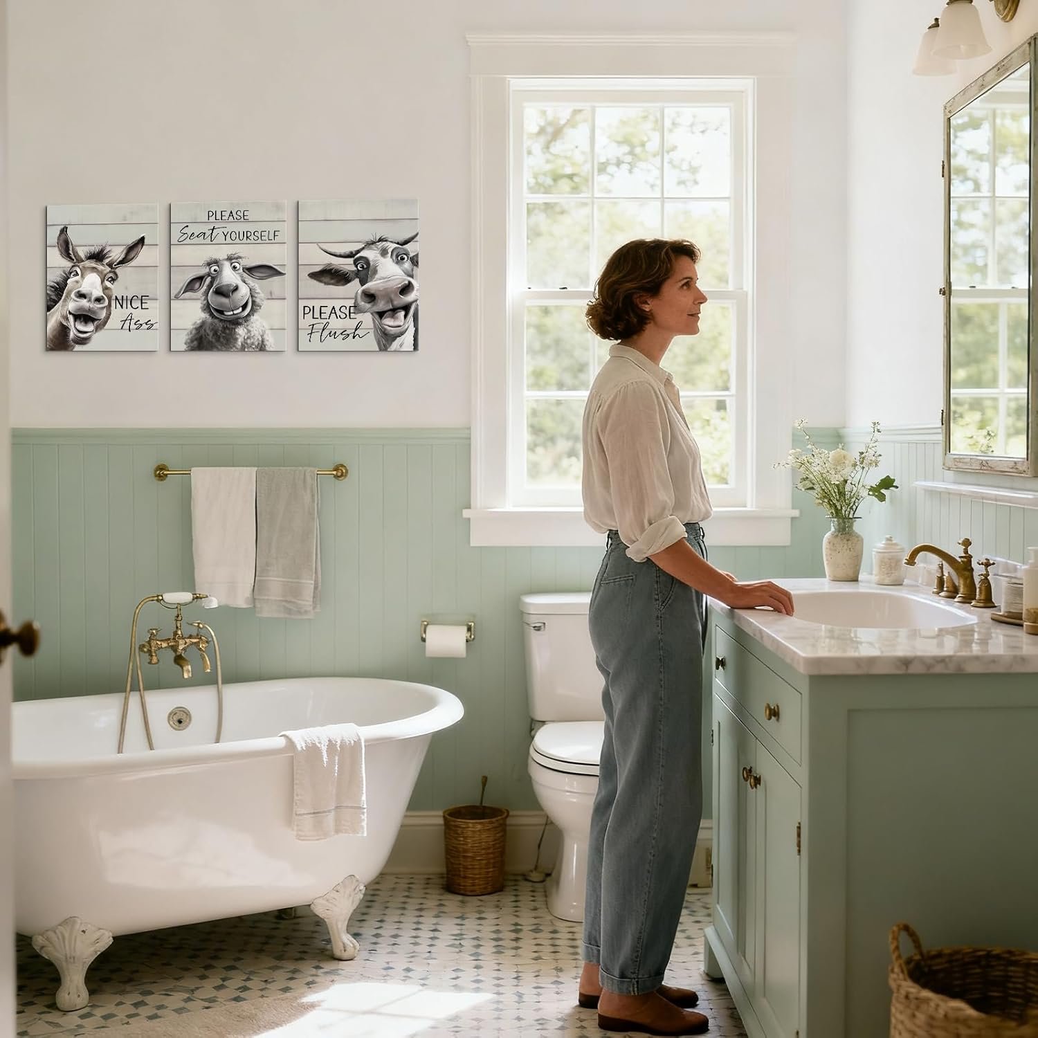 3 Piece Funny Bathroom Quote Canvas Wall Art with Built-in Wooden Frame – Funny Animal Wall Art & Farmhouse Horse Sheep Cow Painting for Bathroom – Lightweight, Ready to Hang, 12x16x3 Inches