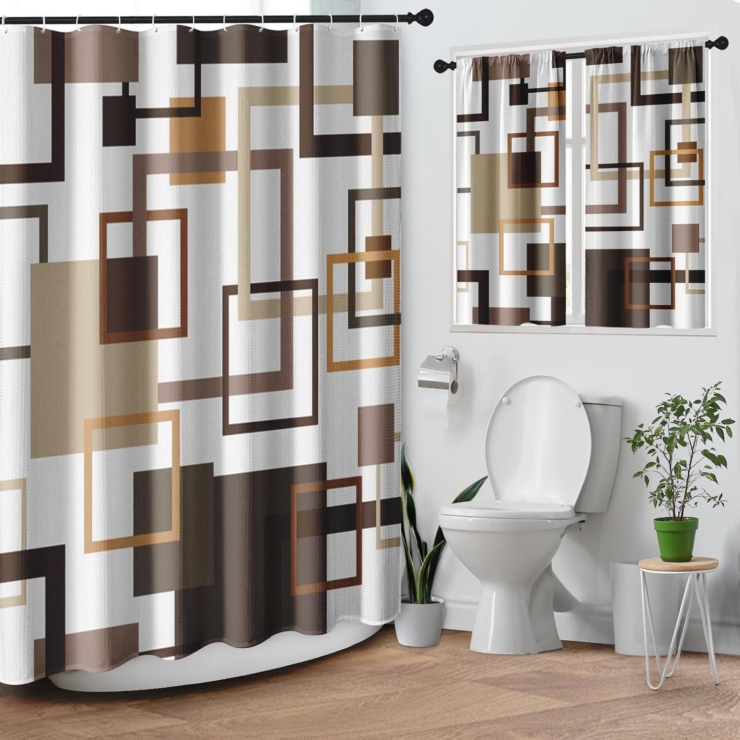 Geometric Vintage Brown Shower Curtain Set, Abstract Modern Line Bathroom Window Waterproof Shower Curtain Set for Bathroom Decor
