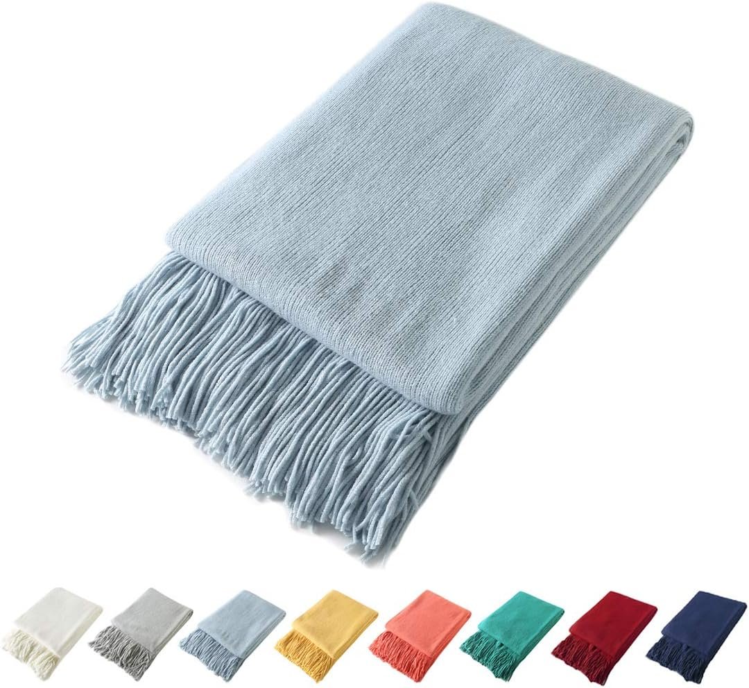 Homiest Decorative Knitted Throw Blanket with Fringe Soft & Cozy Tassel Blanket for Couch Sofa Bed (Pale Blue,50×60)