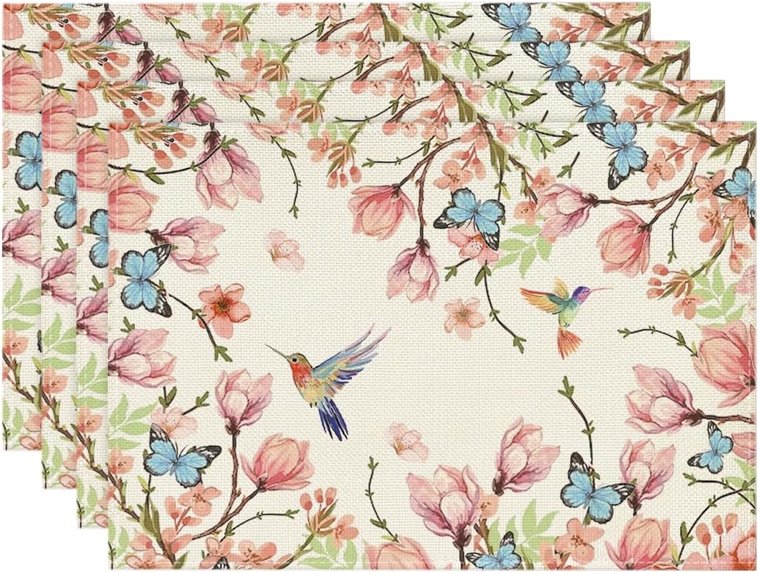 Artoid Mode Flowers Bird Butterfly Spring Placemats Set of 4, 12×18 Inch Seasonal Summer Table Mats for Party Kitchen Dining Decoration