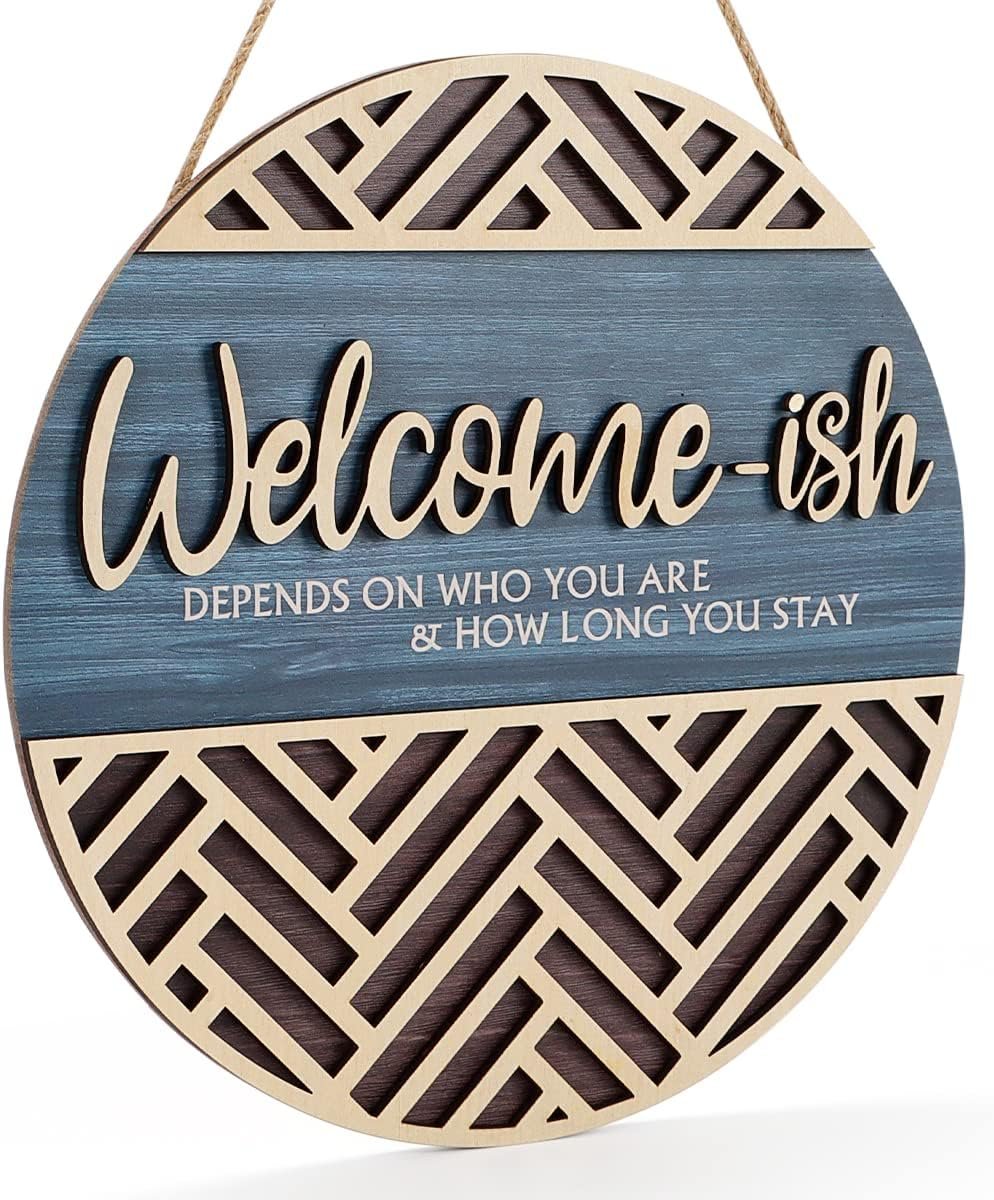 IARTTOP 3D Welcome Hanging Sign Plaque for Front Door Wall Decor, Funny Welcome-ish Wooden Hanger (12”x 12”), Rustic Minimalist Outdoor Wood Wall Art for Farmhouse Porch or Entryway Home Decor
