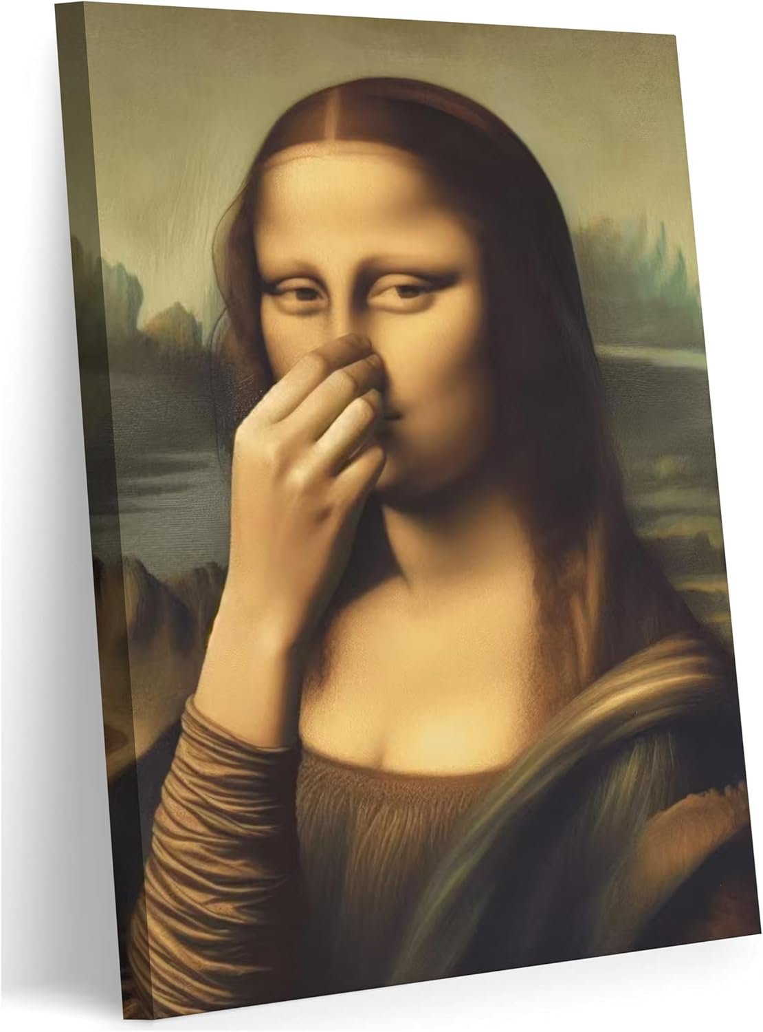 Funny Mona Lisa Bathroom Canvas Wall Art Pinching Nose Wall Decor Mona Lisa Classical Painting Picture Humor Amusing Toilet Art Vintage Whimsical Poster Print for Bathroom Home Decoration 12x16in