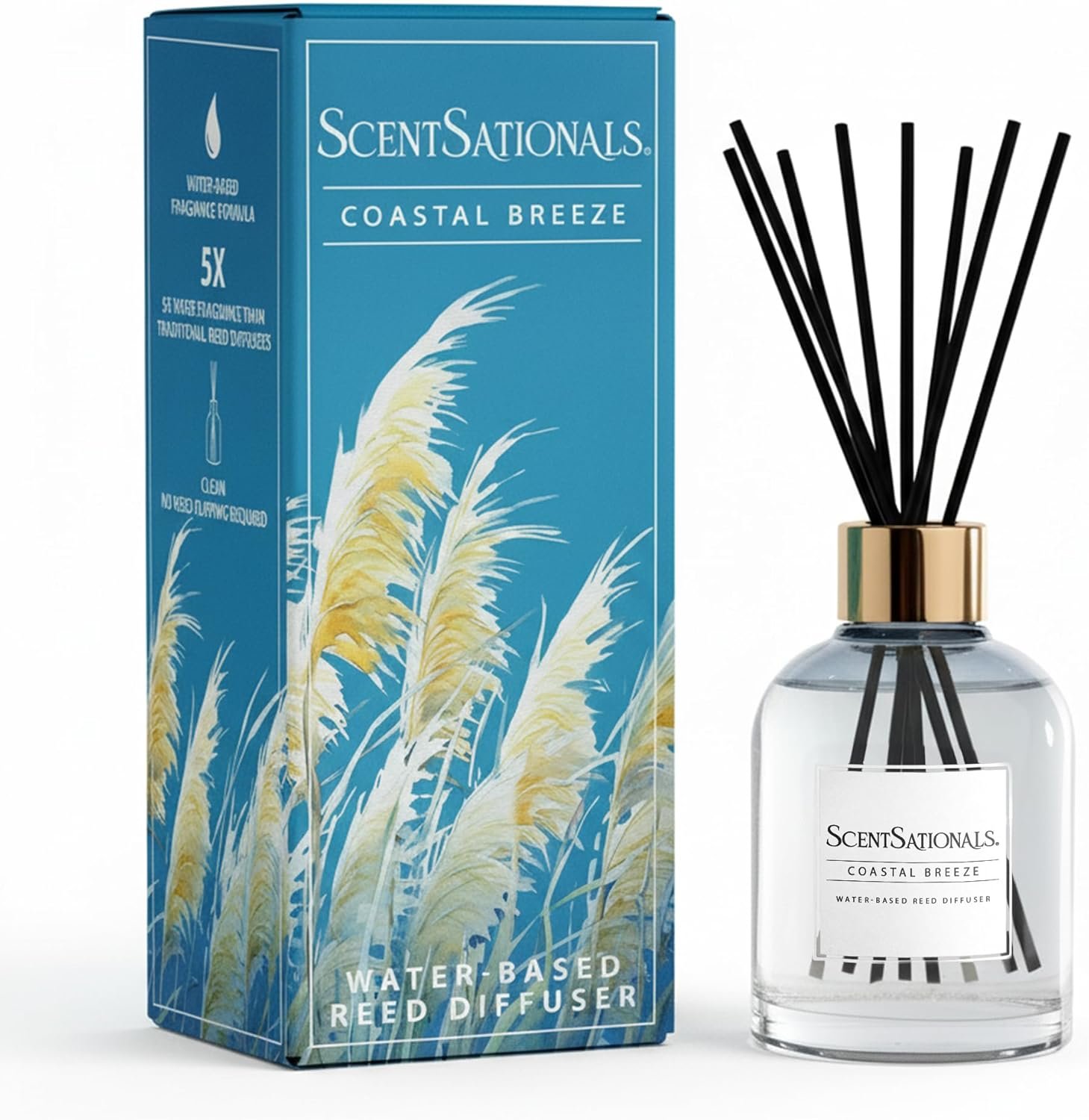 ScentSationals Water-Based Reed Diffuser – Coastal Breeze – 5 FL OZ Aromatherapy Reed Diffuser