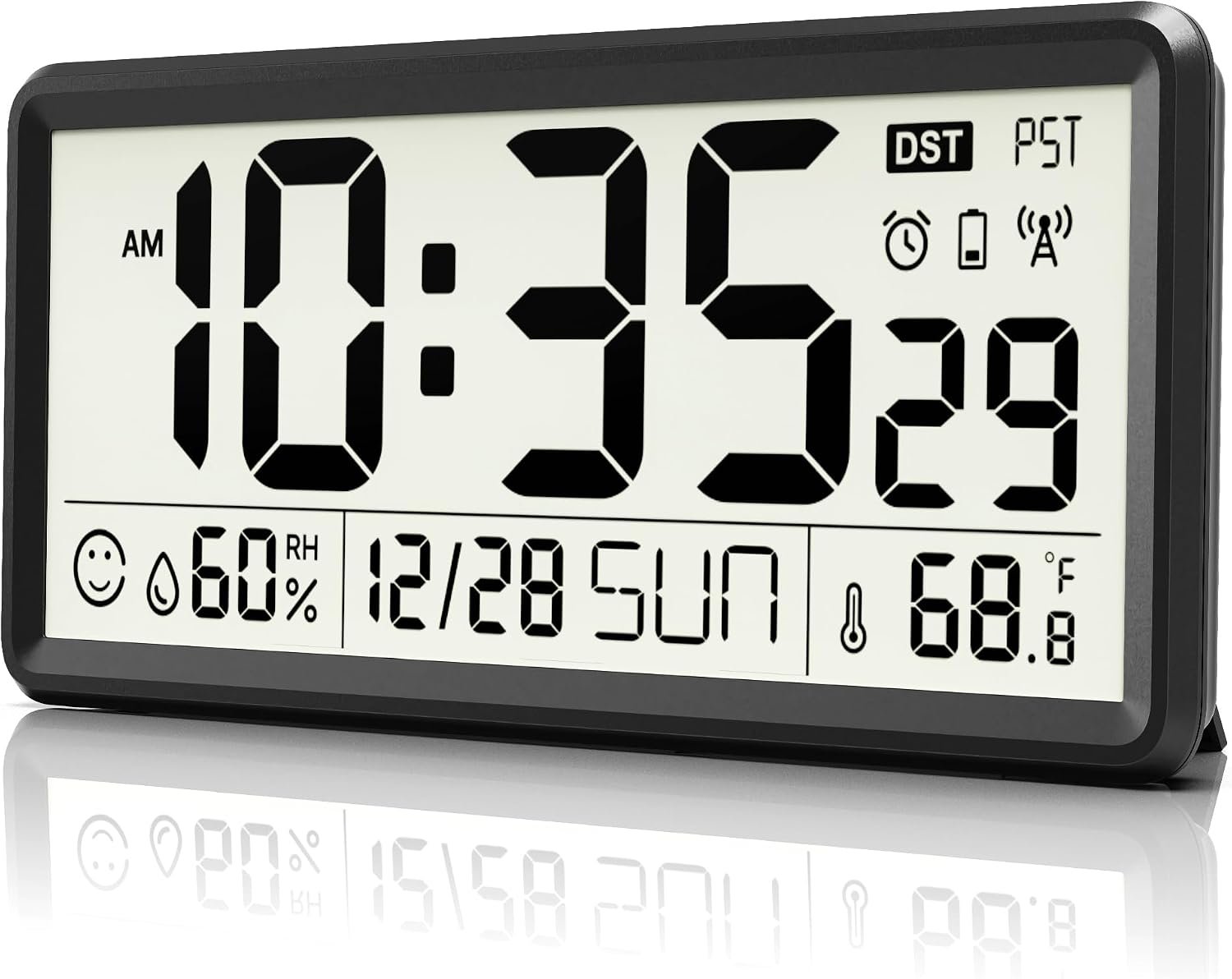 EASYERA 15” Large Digital Wall Clock Battery Operated, Atomic Clock with Indoor Temperature and Humidity, Self-Setting with Auto DST, for Kitchen, Classroom, Living Room (Batteries Not Included)