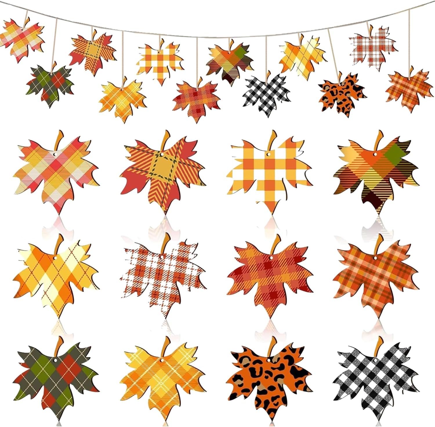 12Pcs Autumn Thanksgiving Decorations with Hemp Rope Plaid Pattern Maple Leaves Fall Tree Hanging Decor Maple Leaf Hanging Ornaments for Porch Mantel Festive Thanksgiving Party Decorations