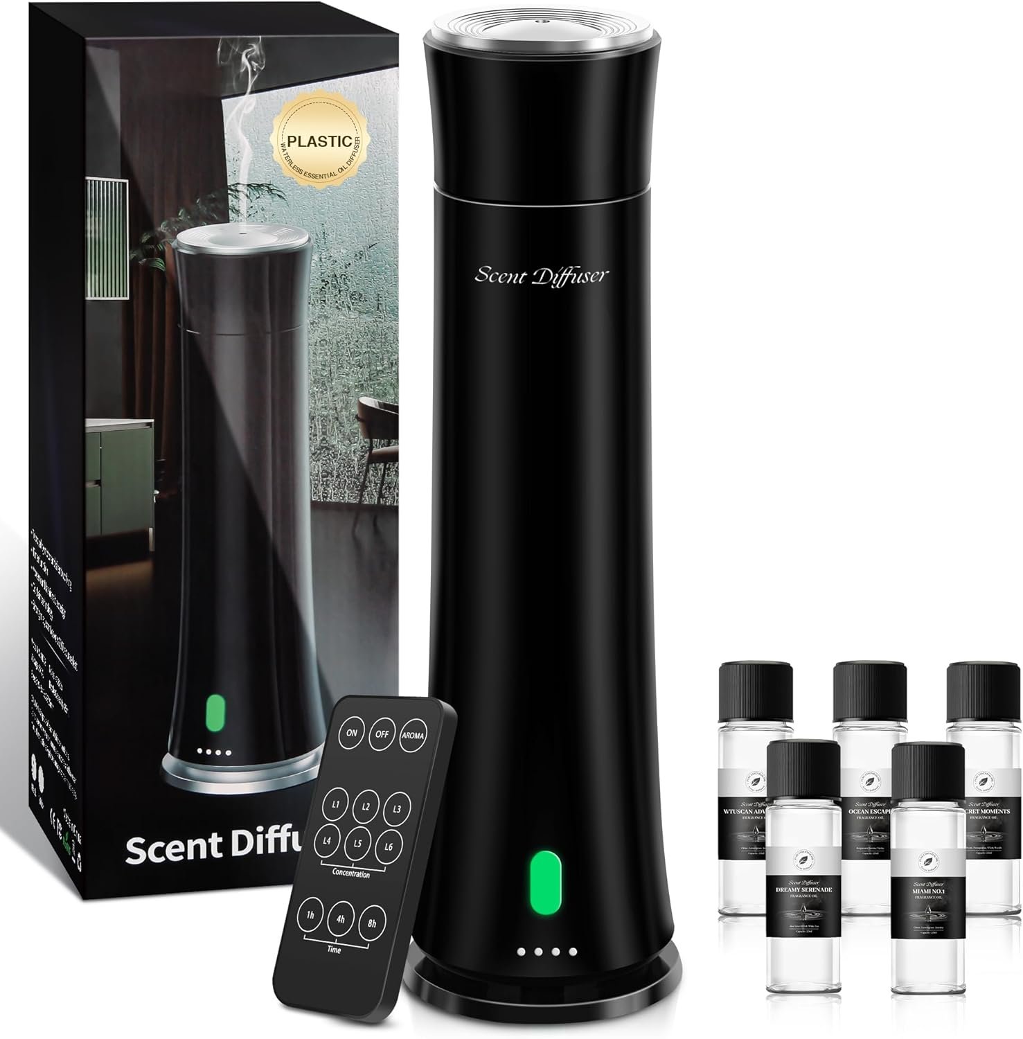 Hotel Scent Diffuser Starter Kit – 1500 Sq Ft Coverage, Premium Plastic Essential Oil Diffuser, Waterless Diffuser for Home, Hotel, Office, 5 Scent Essential Oils Included, Large Room, Black, 11In