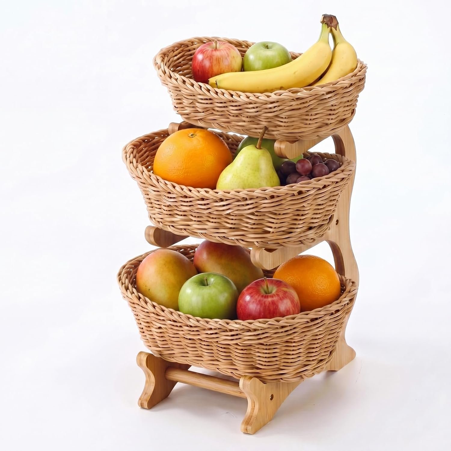 Sliner 3 Tier Small Woven Fruit Basket Stand for Kitchen Counter, Imitation Rattan Baskets with Bamboo Wood Rack, Farmhouse Rustic Vegetable Storage Dessert, Salad Buffet Server Countertop Display