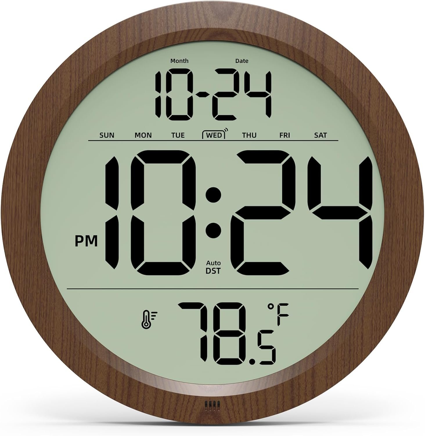 Digital Wall Clock Battery-Operated, 8 Inch Small Decorative Modern Wood Wall Clock with Date, Temperature, Auto-DST, Silent Electric Wall Clock for Bedroom, Living Room, Kitchen, Office, Farmhouse