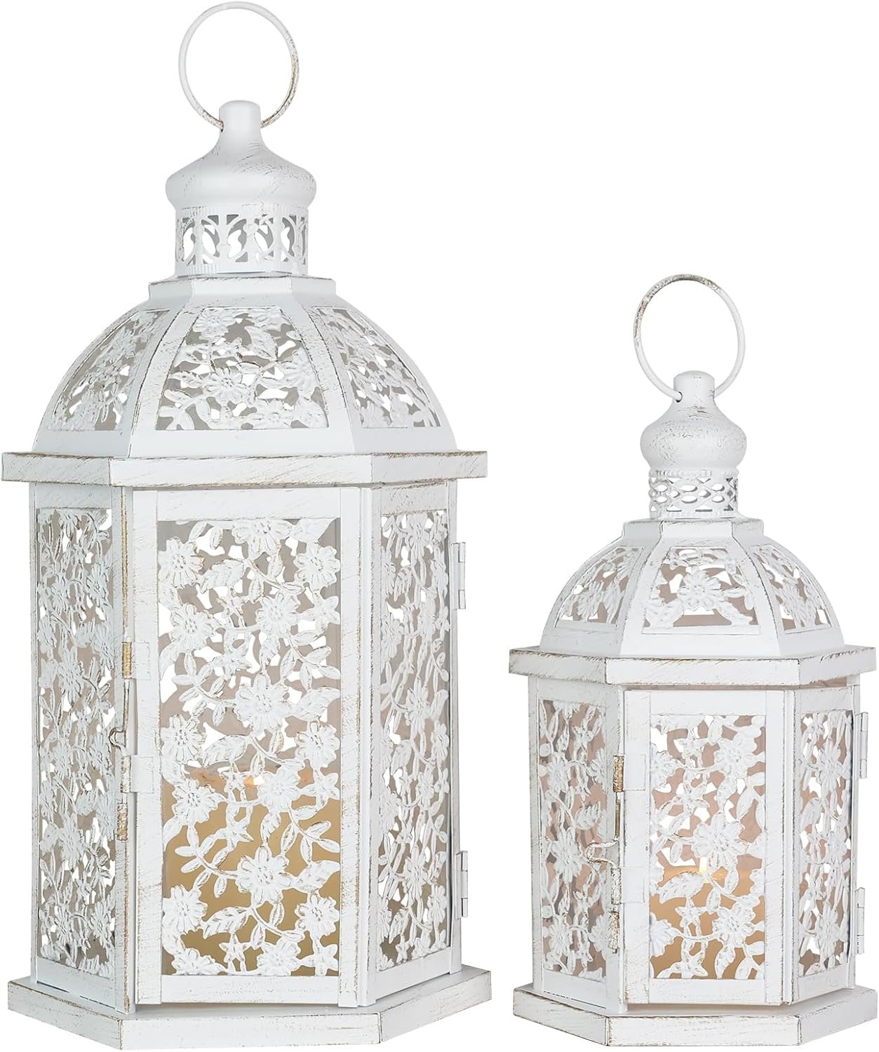 Lanterns Decorative Outdoor&Indoor, Set of 2 (15″&7″) White Metal Lantern Decor, Candle Holder for Porch, Patio, Christmas, Balcony, Wedding, Table Centerpiece