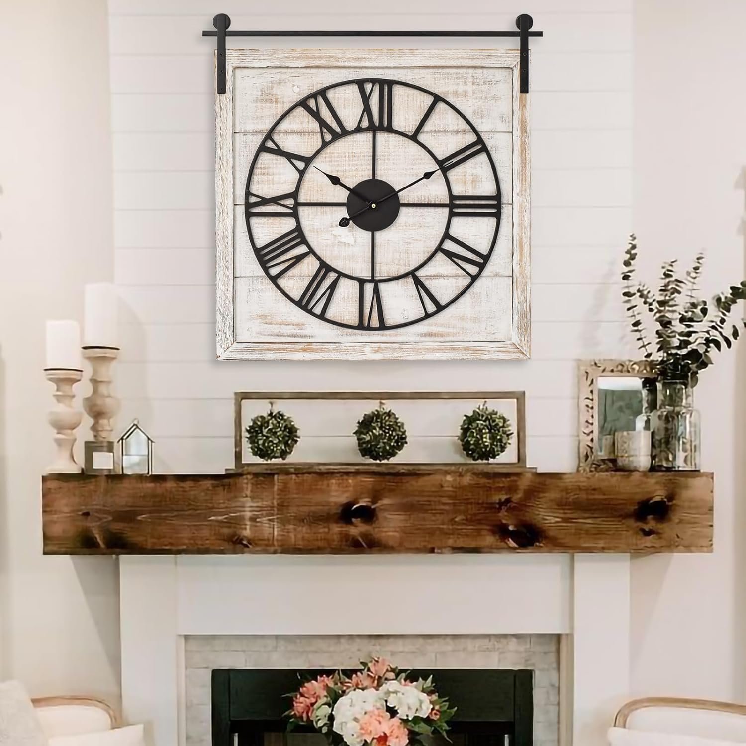 Vintage Barn Door Wall Clock – Distressed White Wash Finish, Large Rustic Farmhouse Wood Clock for Home, Wall and Farmhouse Décor, 24×23.6 Inches