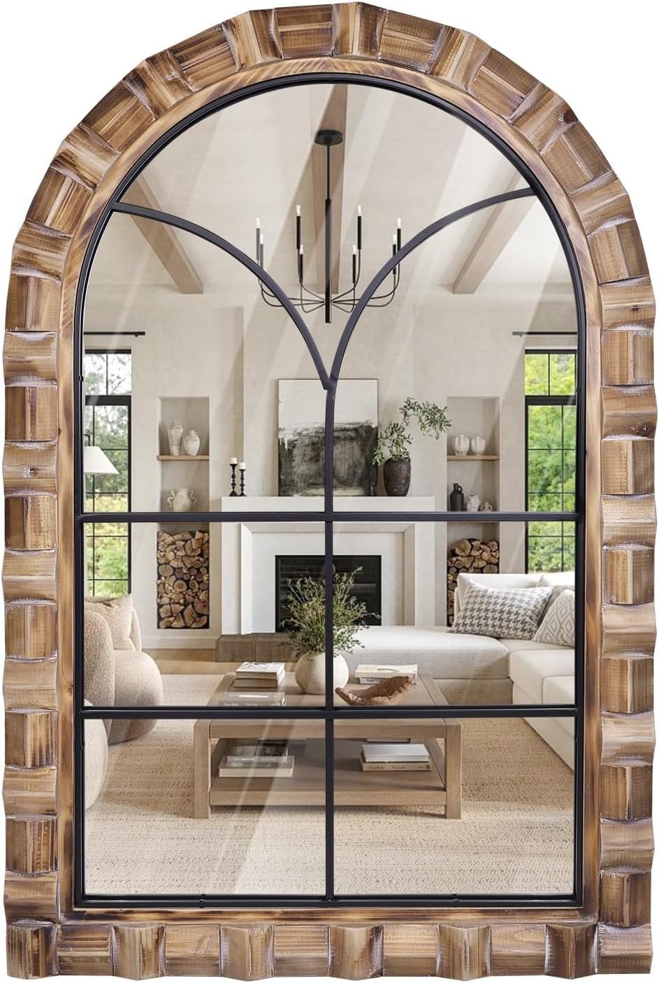 36×24 Inch Arched Window Pane Wall Mirror – Rustic Farmhouse Solid Wood Decorative Mirror for for Living Room, Bedroom, Entryway & Bathroom