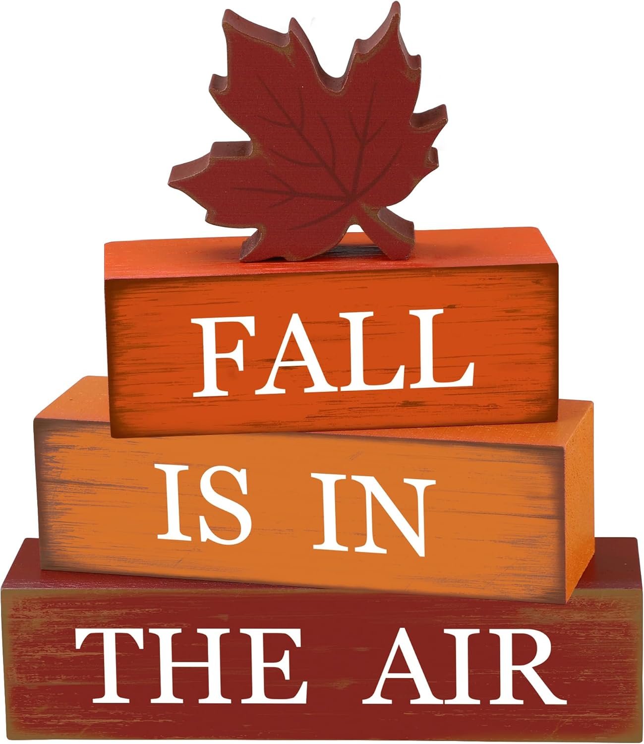4 PCS Fall Maple Leaf Wooden Table Block Sign Thanksgiving Wood Tiered Tray Decor Fall is in the Air Block Centerpiece Rustic Farmhouse Table Decorations for Autumn Thanksgiving Home Desk Shelf Decor