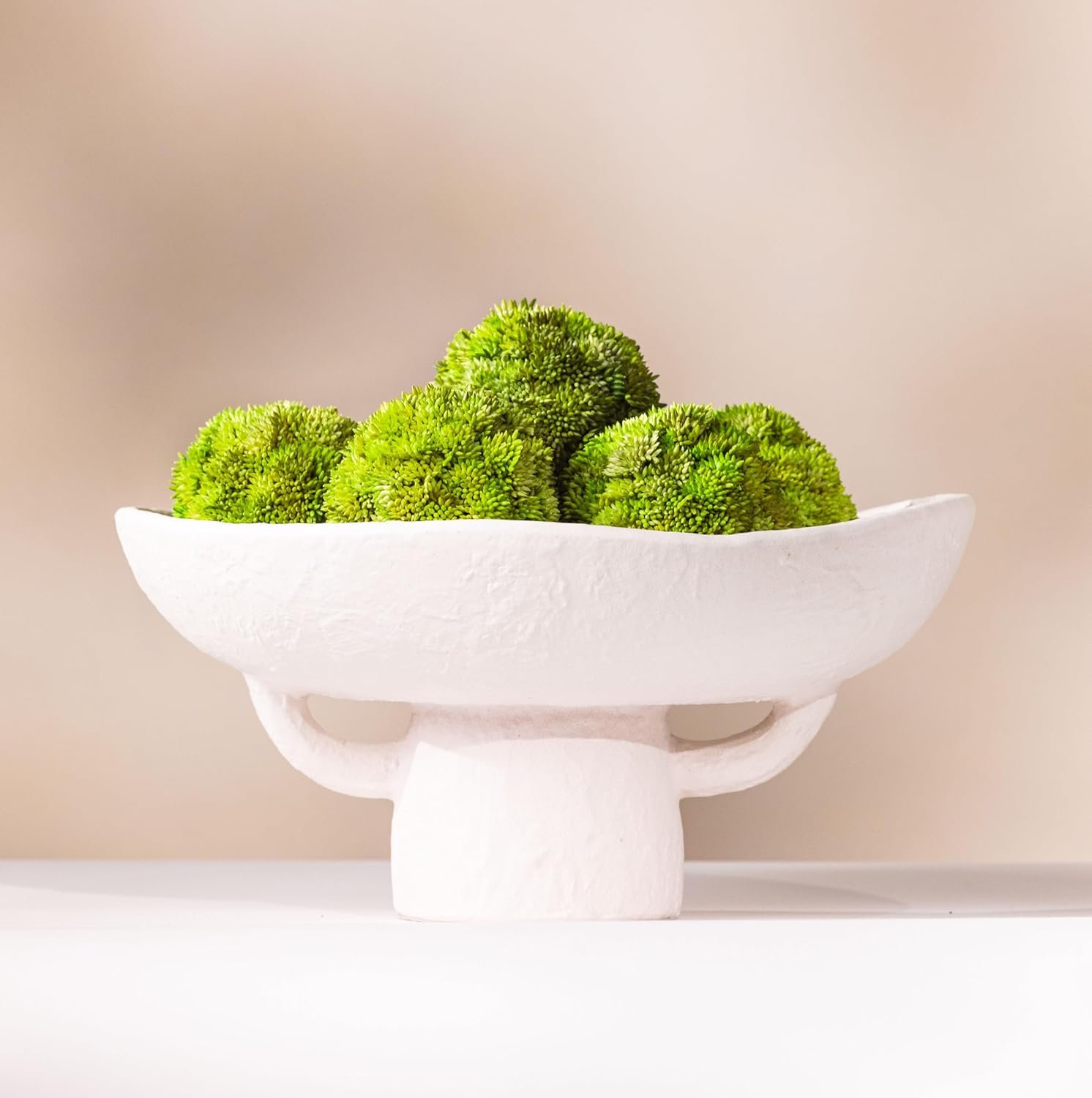 Luxurious White Textured Ceramic Bowl and Greenery Set,12.5×10.5 Inch Pedestal Decorative Bowl, with 6 Green Succulent Moss Balls, Counter Top, Farmhouse Table Centerpiece, Living Room, Kitchen Decor