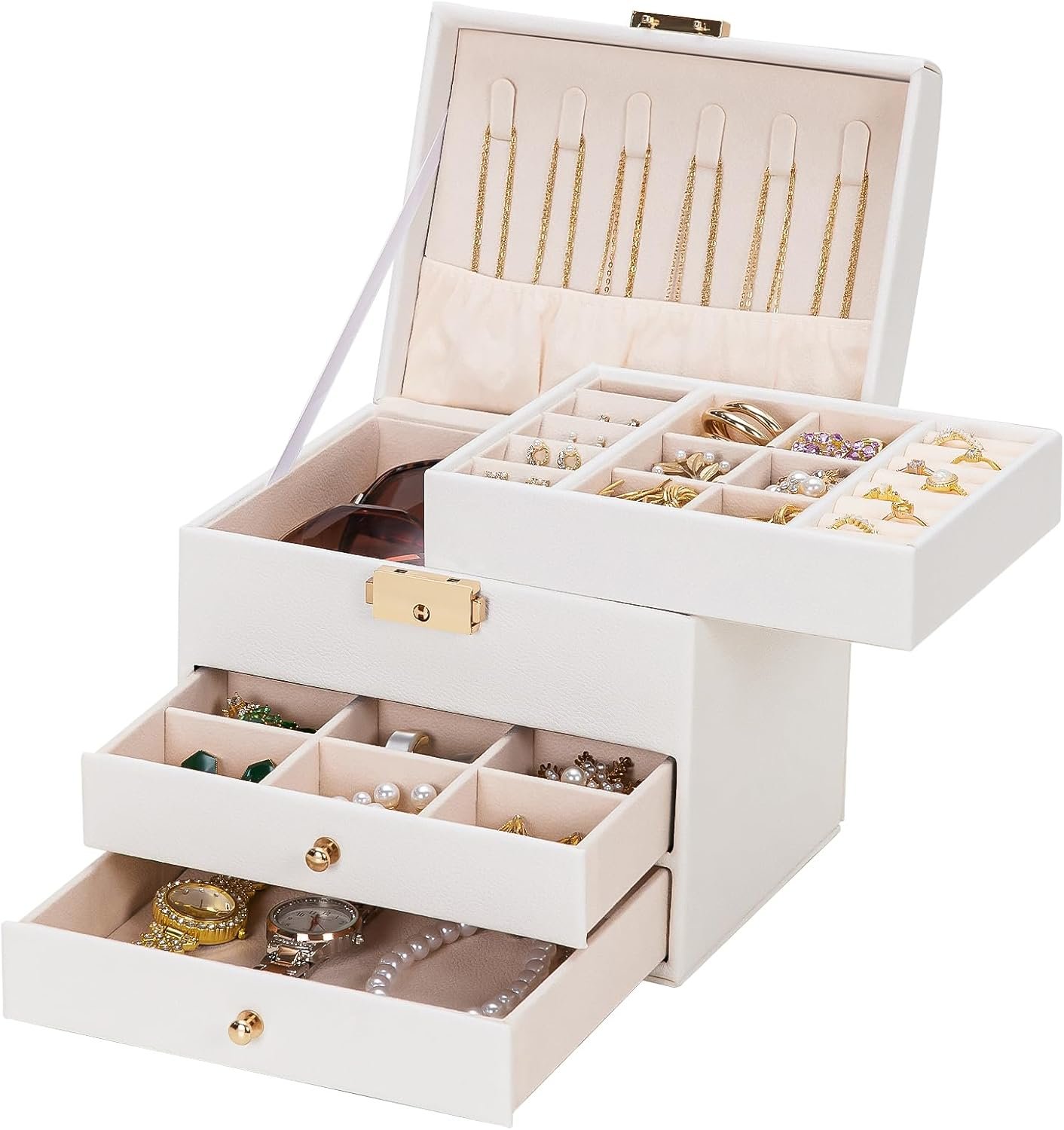 Homde Small Girls Jewelry Box, Cloud White, 3 Layer with Lock | Removable Tray, Storage for Ring Necklace Earring, Birthday & Return Gifts for Young Women