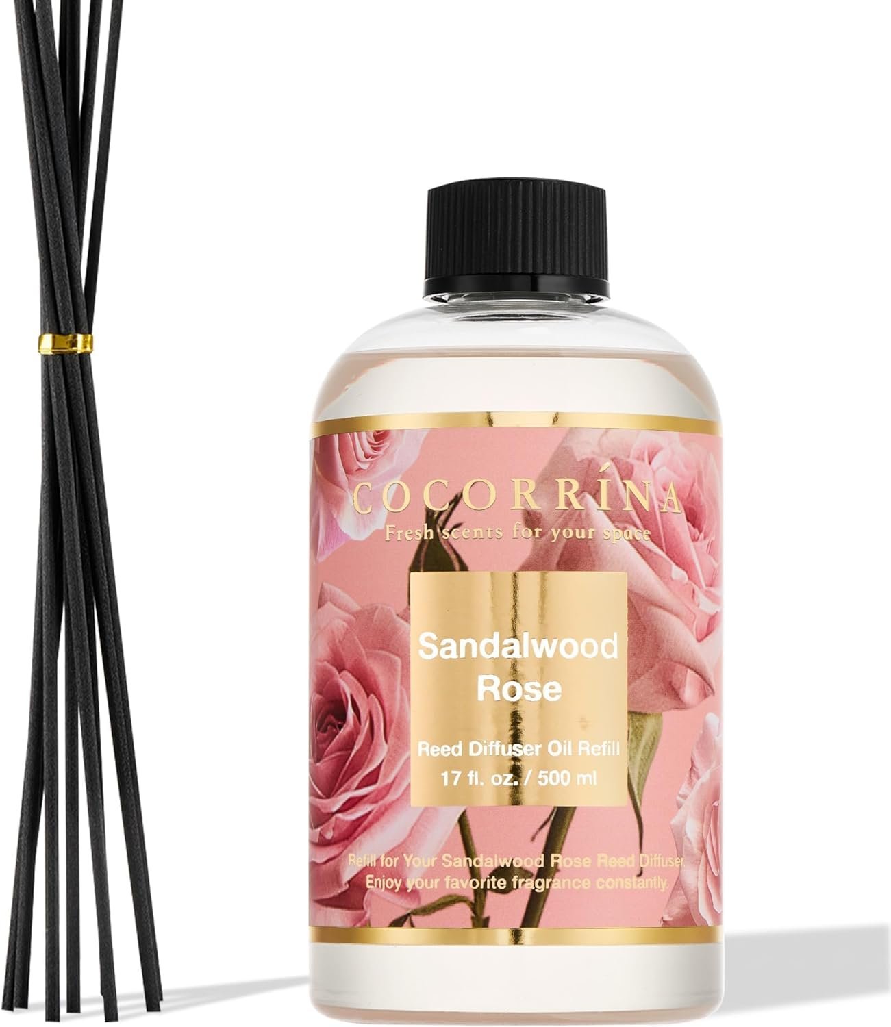 Cocorrína Reed Diffuser Refill Sandalwood Rose 17oz (500ml) with 8 Sticks – Premium Long-Lasting Floral Essential Oil, Home Fragrance for Bedroom, Bathroom Home Decor