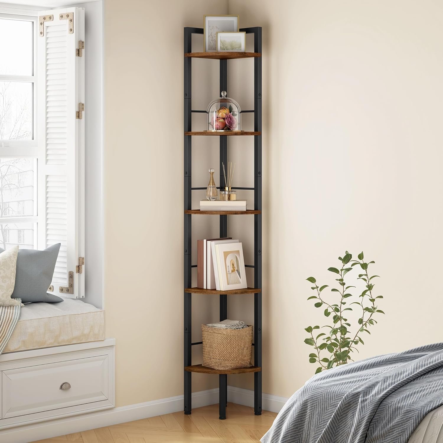 Tajsoon Narrow Corner Shelf Stand 5 Tier 60.5″ Industrial Corner Ladder Shelves with Metal Frame, Multipurpose Tall Corner Bookshelf Bedroom, Living Room, Office, Kitchen, Rustic Brown