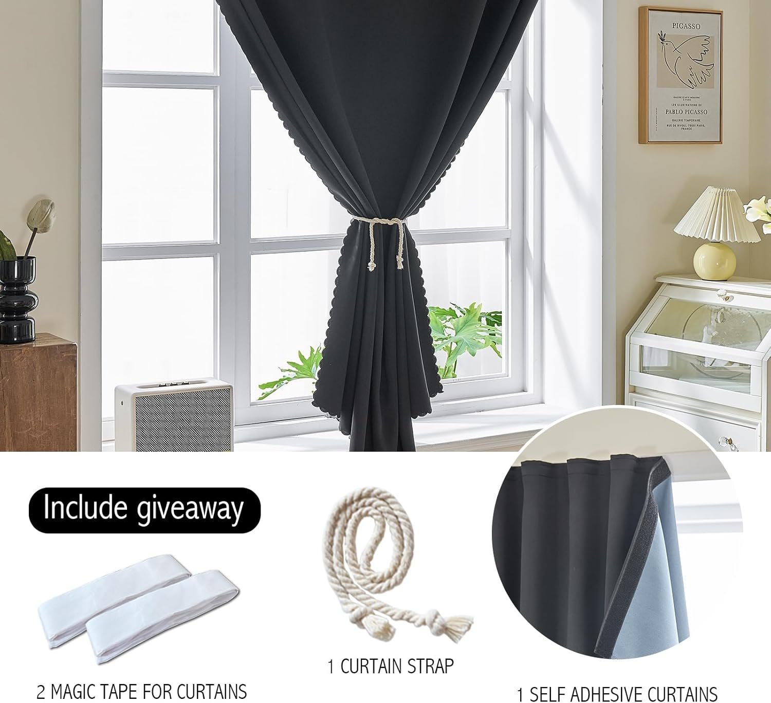 AJAZZ 100% Blackout Self Adhesive Curtains Small Window Short Temporary Black Out Curtains Easy to Install Used for Bedroom Kitchen Window Cover (Black, 35″ W x 54″ L 1 Panel)