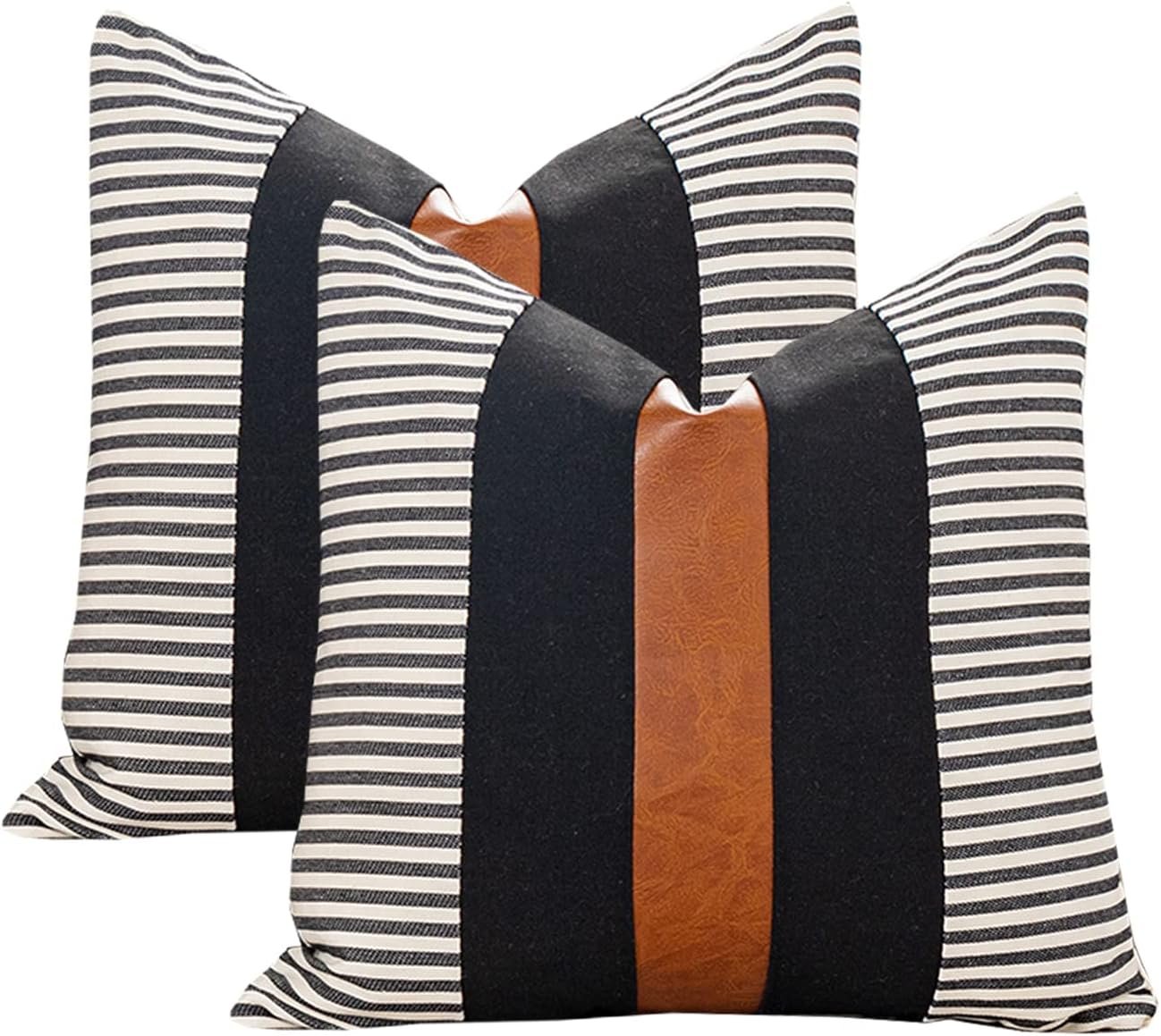 Set of 2 Boho Decorative Throw Pillow Covers 18×18 Inch Farmhouse Stripe Pillow Case,Faux Leather Modern Cushion Cover for Living Room Couch Bed Natural Decor Pillowcase Black and Brown