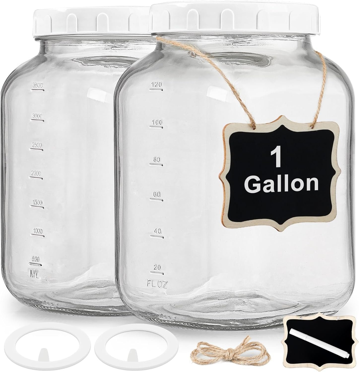 2 Pack Wide Mouth 1 Gallon Clear Glass Jar with Lid, Heavy Duty Airtight Screw Lid with Silicone Gasket – Large Mason Jar with 2 Scale Mark for Fermenting Kombucha and Storing Food(Extra 2 Gaskets)