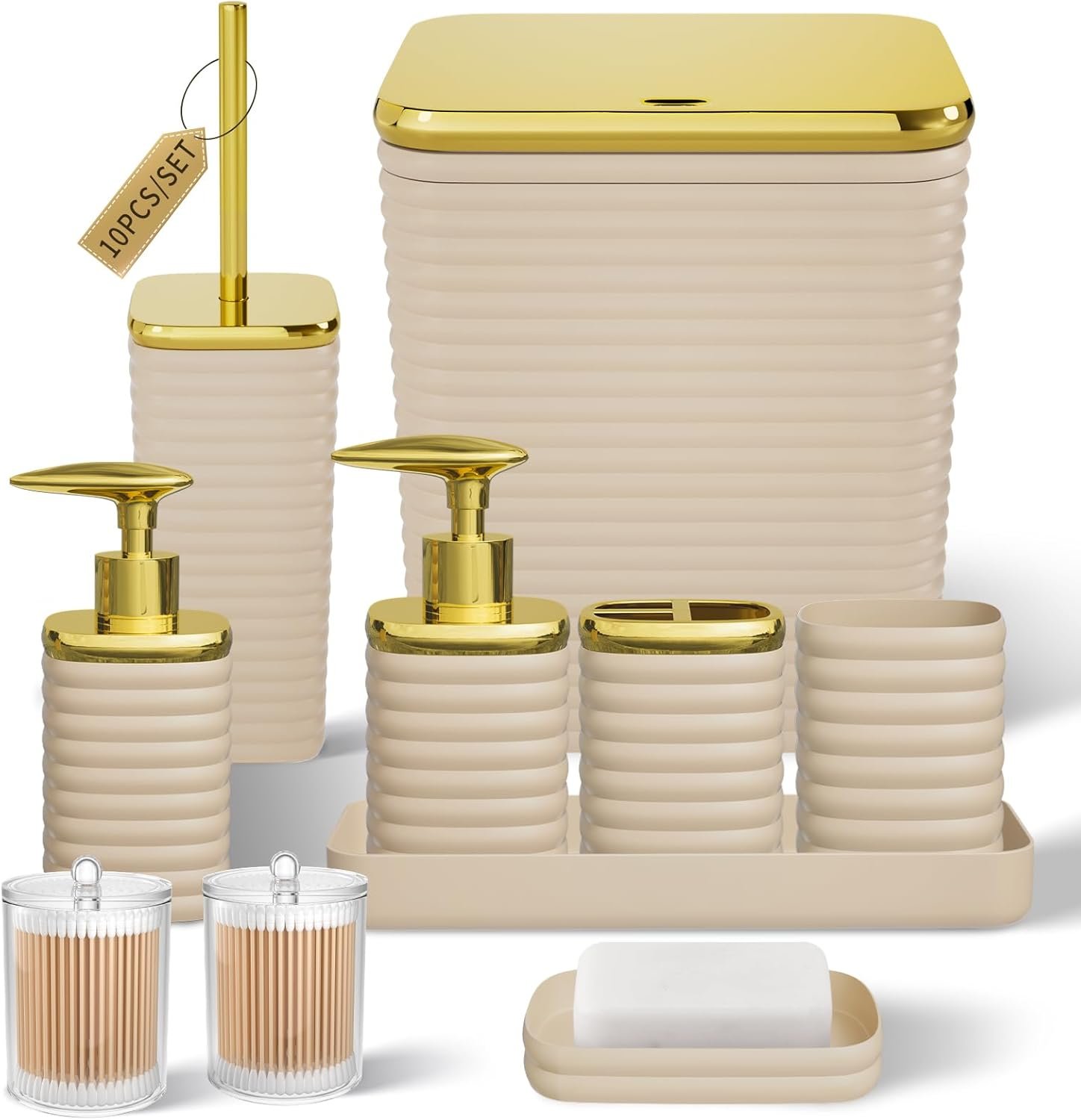 Bathroom Set – 10PC Bathroom Accessory Set, Beige Bathroom Set, Luxury Bathroom Accessories Set, Trash Can, Toilet Brush, Soap Dish, Qtip Holder & Soap Dispenser