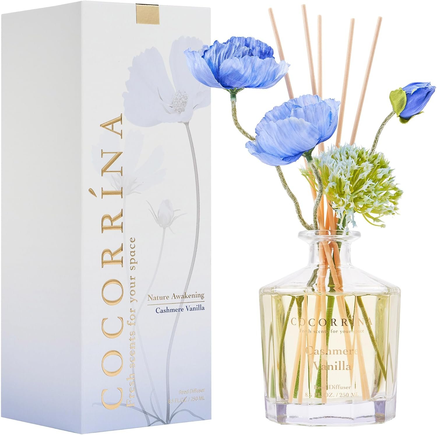 COCORRÍNA Reed Diffuser – Cashmere Vanilla Flower Reed Diffuser Set with 8 Sticks, Home Fragrance Reed Diffuser for Home Bedroom Office Bathroom Shelf Decor (Master Collection)