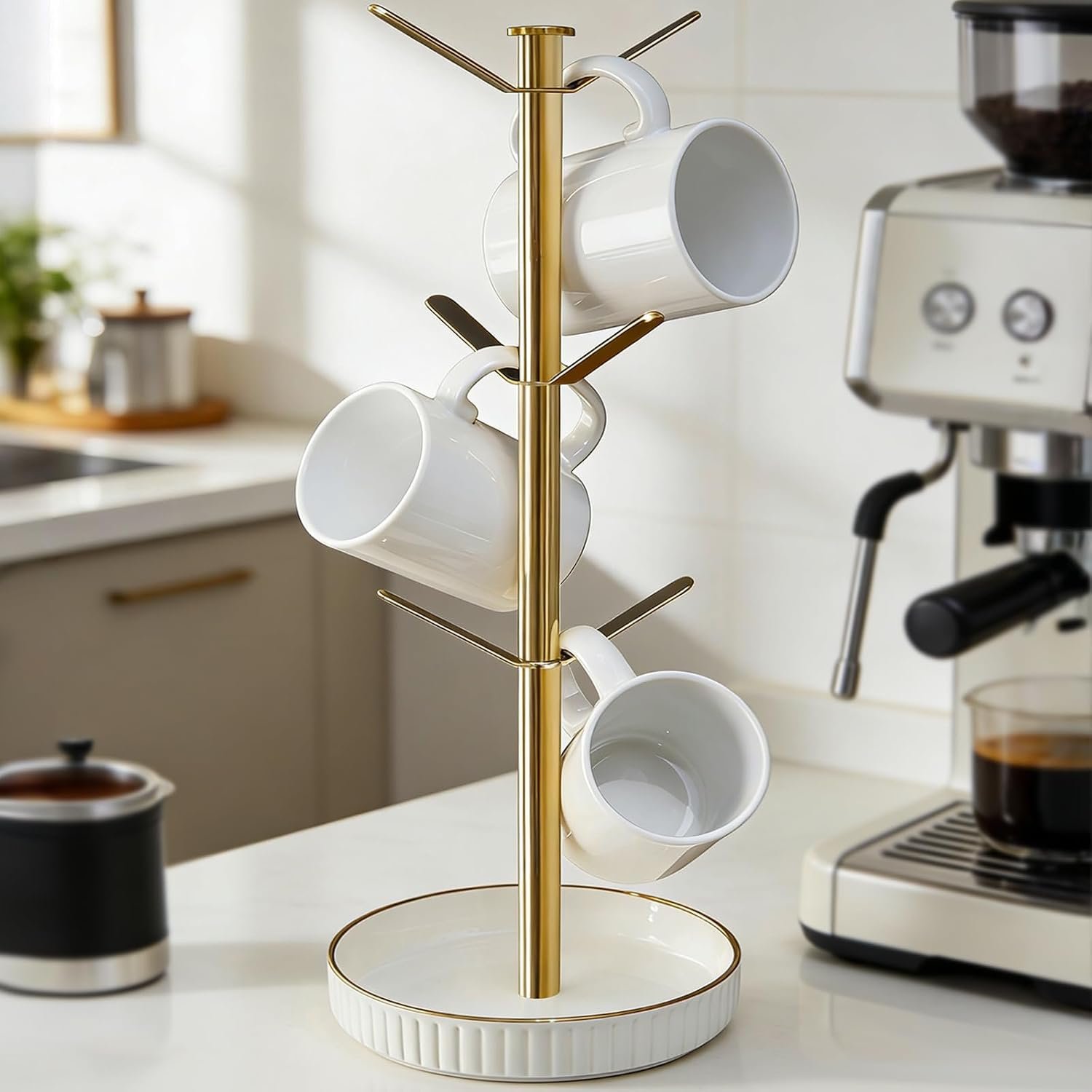VROOMIUM Ceramic Coffee Mug Holder,Extra-Large and Stable, Fits 20oz, Gold | Effortless Cleaning, Built-in Storage for Coffee Bar, Gold Cup Rack for Kitchen Countertop, Easy to Assemble, Home Decor Gift