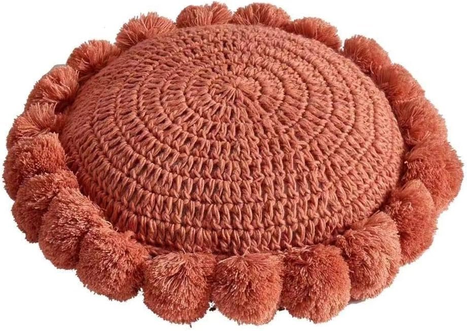 Boho Round Throw Pillow with Pom Poms Fringe Tassels, Bohemian Cute Decorative Circular Pillow with Knitted Texture for Sofa Chair, Acrylic Diameter 18 inches, Orange