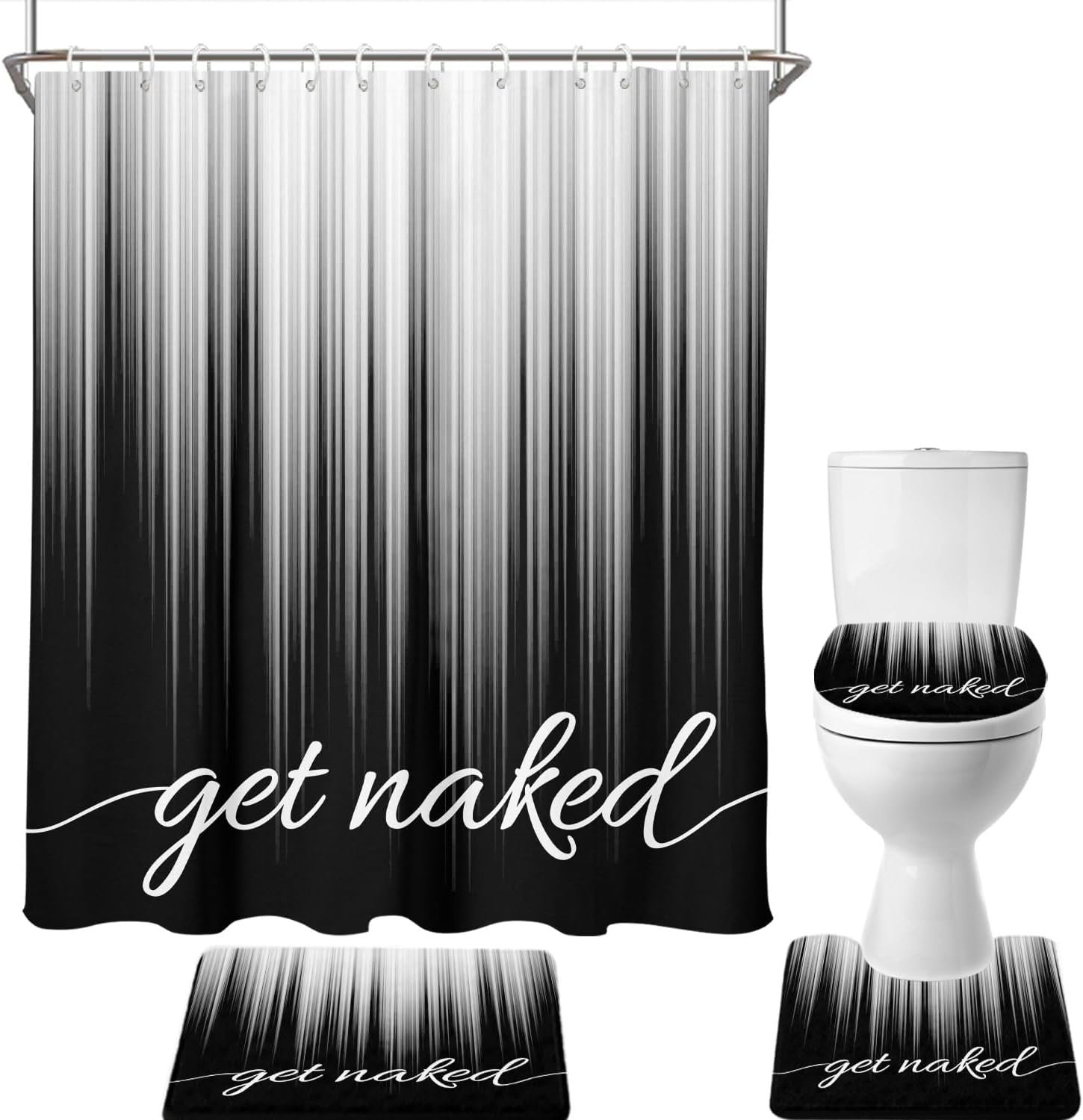 AAtter 4 Piece Black and White Shower Curtain Set Get Naked Grey Silver Ombre Abstract Striped 60Wx72L Curtains Decor with Non-Slip Rugs, Toilet Lid Cover and Bath Mat Bathroom Accessories, Modern