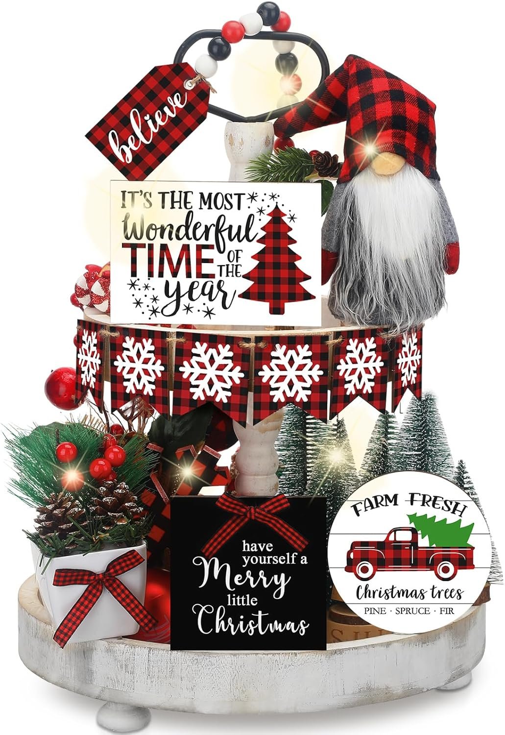 Soaoo 16 Pcs Christmas Tiered Tray Decor Christmas Gnome Plush Tray Decor Farmhouse Buffalo Plaid Wood Table Signs for Holiday Table Centerpieces Home Decorations