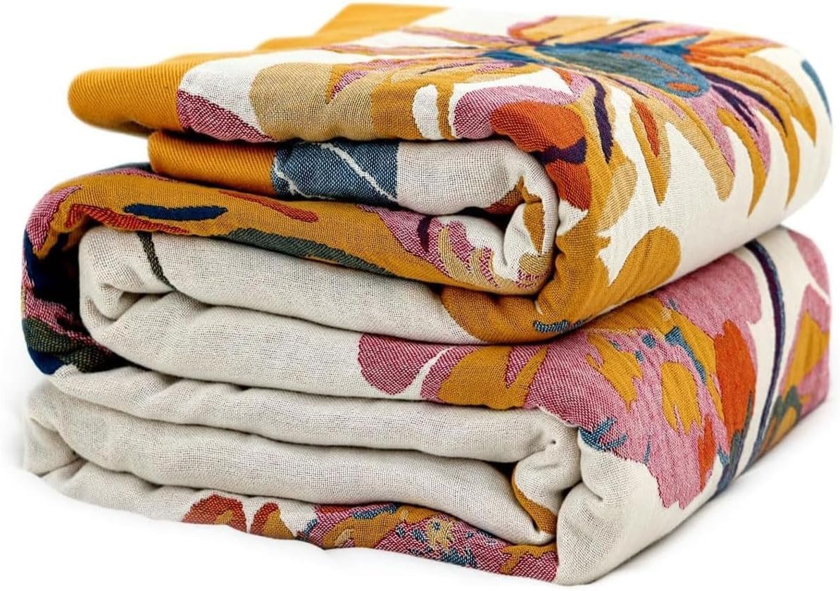 Boho Throw Blanket – 100% Cotton Soft Summer Throw Blanket for Bed, 50″x60″ Reversible Breathable Lightweight Blankets, All Seasons Farmhouse Decor Floral Plant Butterfly Throw Quilt