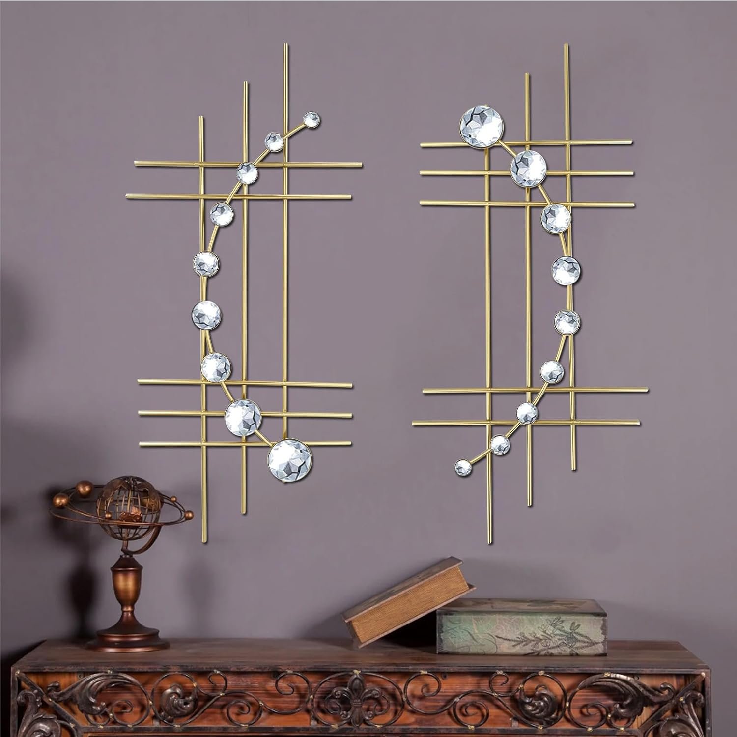 ZEXUIRU 2 Pcs Abstract Metal Art for Wall Decor Living Room Bedroom Bathroom Office Metal Bling Modern Geometric Hanging Vertical Small Iron Sculpture Plaque Pack -Gold 15.7in