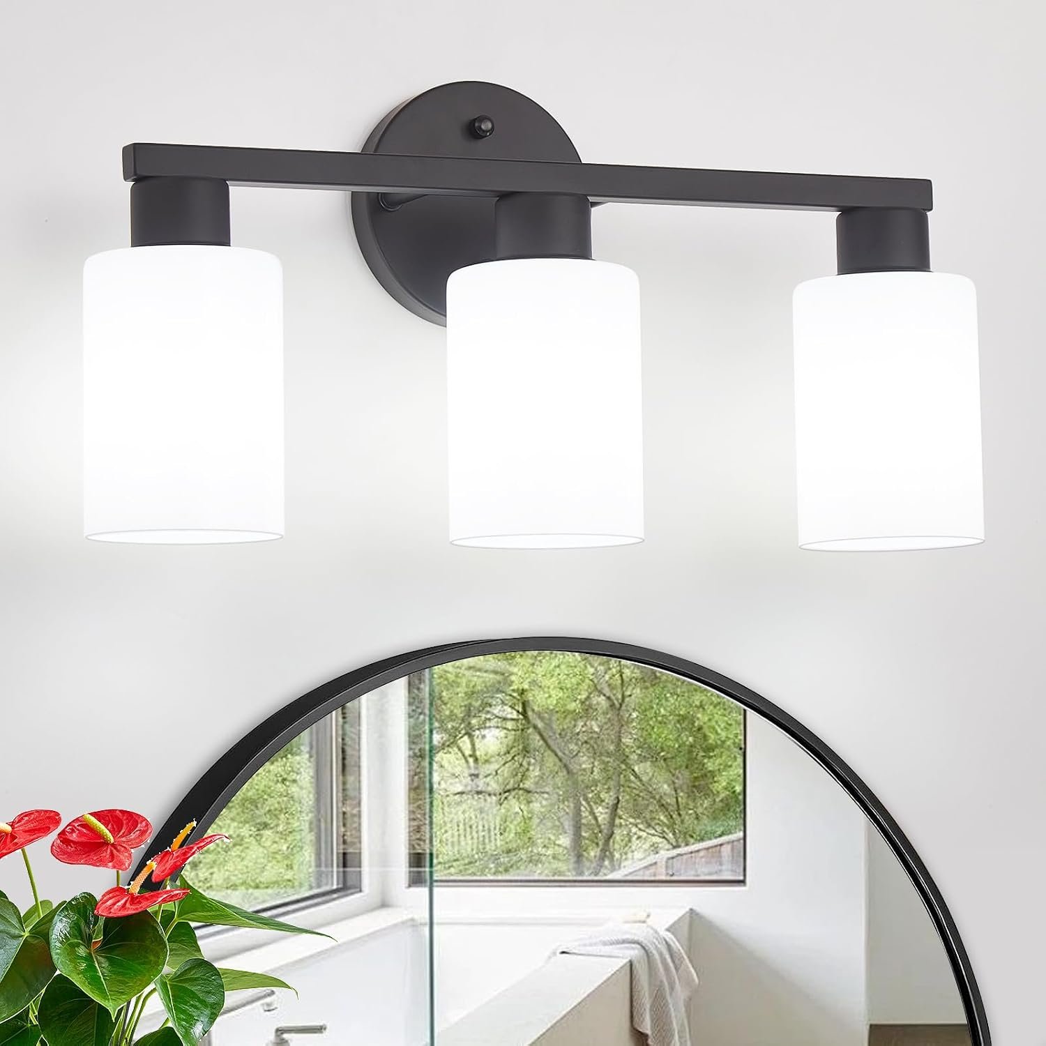 Bathroom Vanity Light Modern Bathroom Light Fixtures Vanity Lights with Eye-Friendly Milky White Frosted Glass Shades E26 Socket (Bulbs Not Included) 3 Light Black