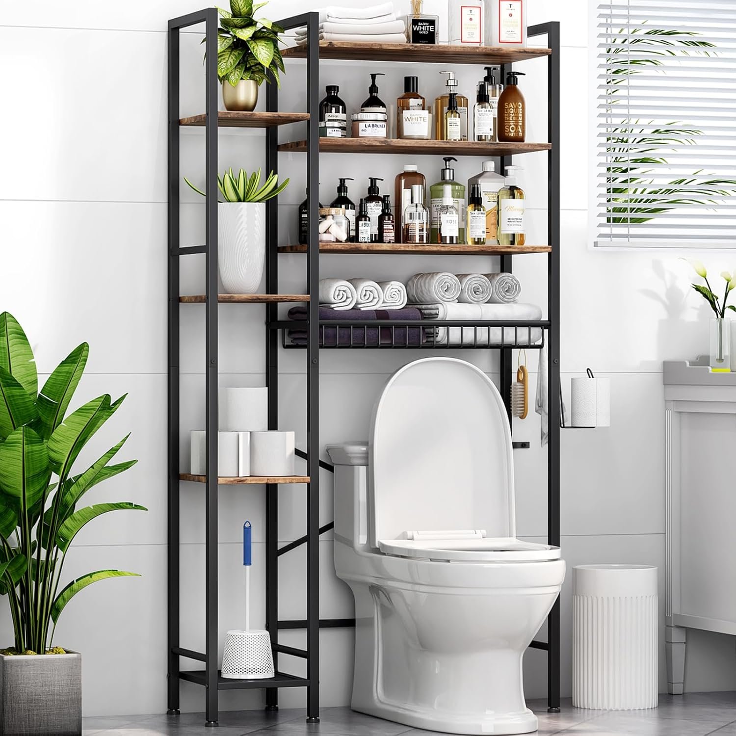 Kalrin 8-Tier Over The Toilet Storage with Side Rack, Over Toilet Storage Rack with Adjustable Shelf & Drain Basket, Freestanding Bathroom Organizer for Balcony, Laundry (Vintage Brown)