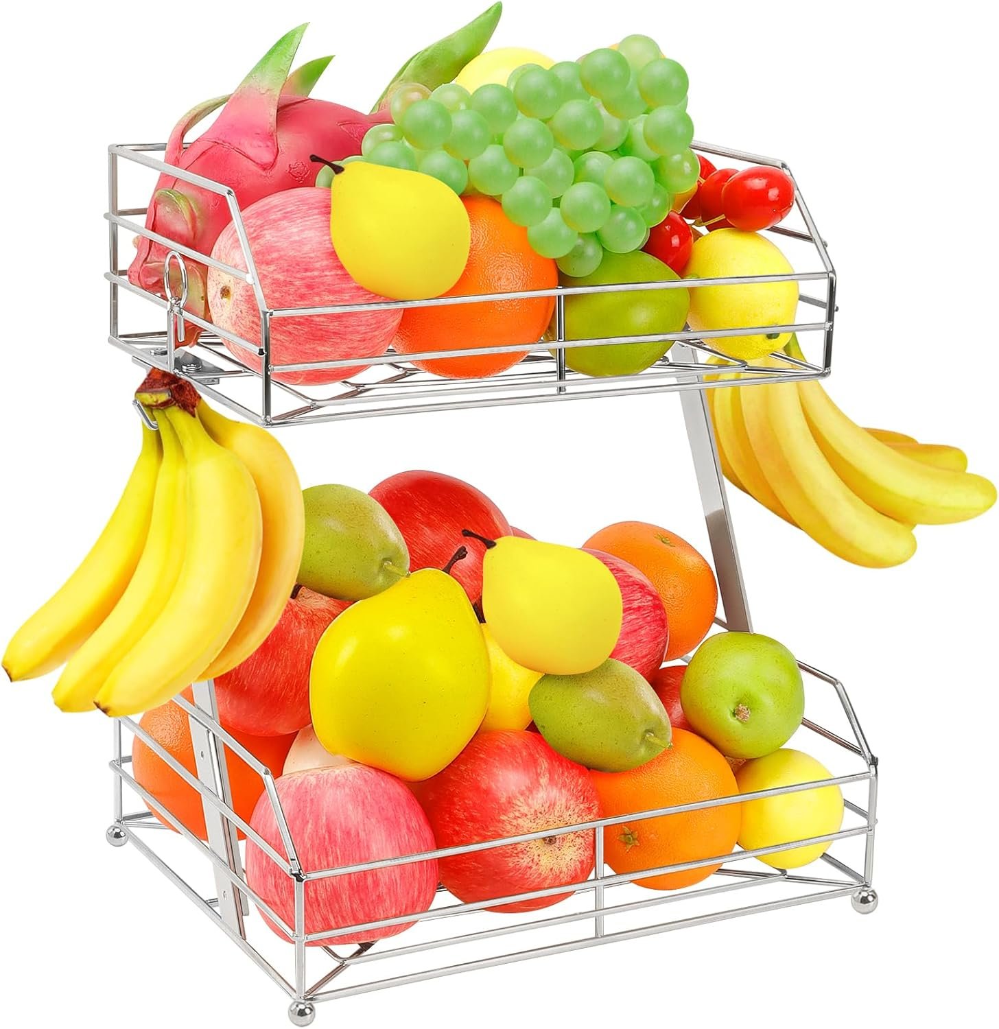 Livabber Fruit Basket for Kitchen, Metal Fruit Storage Bin with 2 Banana Hangers, Countertop Wire Basket Organizer for Vegetable Snack Potato Onion (Chrome)