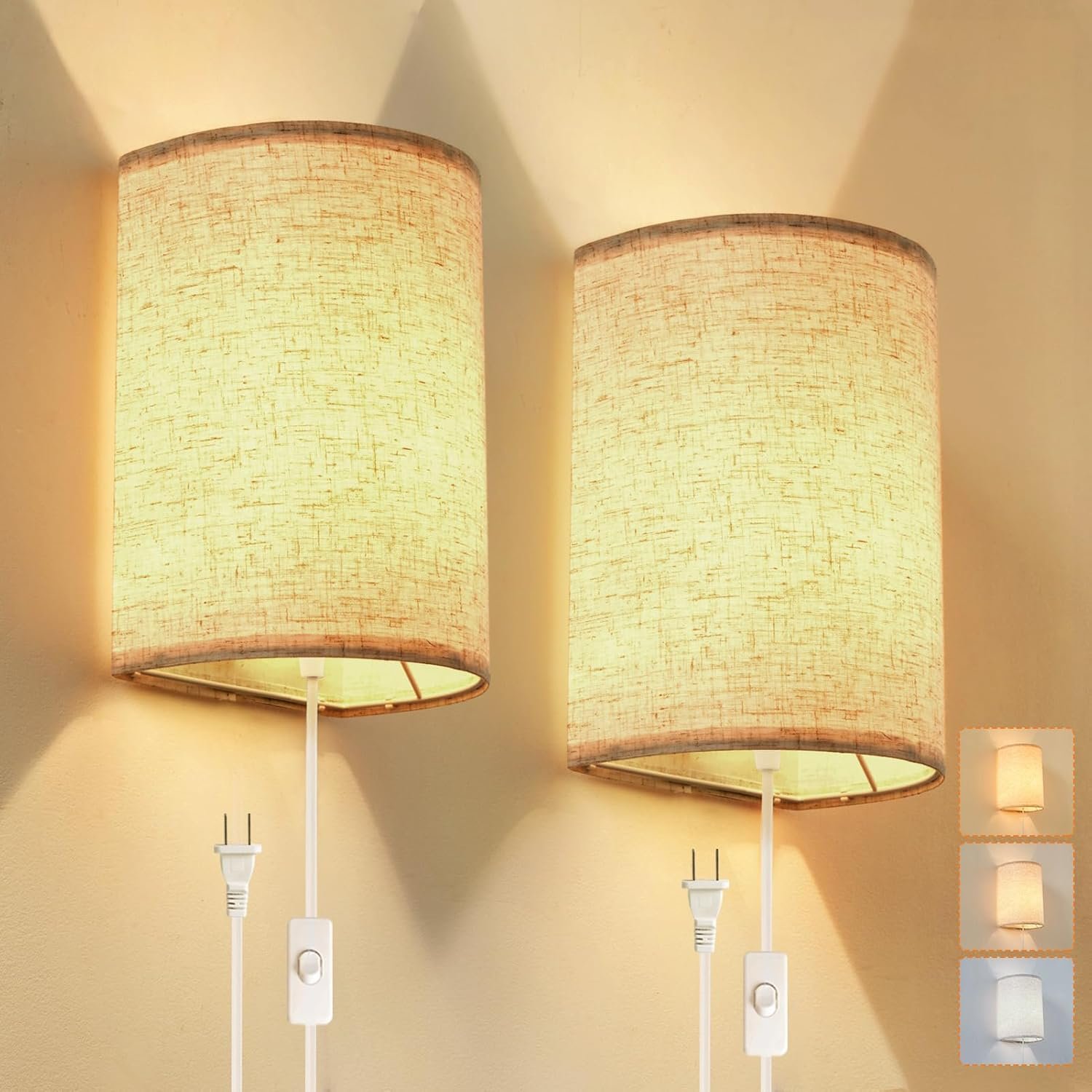 Plug in Wall Sconce, 3 Colors Wall Sconces Set of Two, Industrial Plug in Wall Light, Wall Sconce Lighting On/Off Switch Vintage Wall Lamp for Bedroom Living Room Hallway Porch