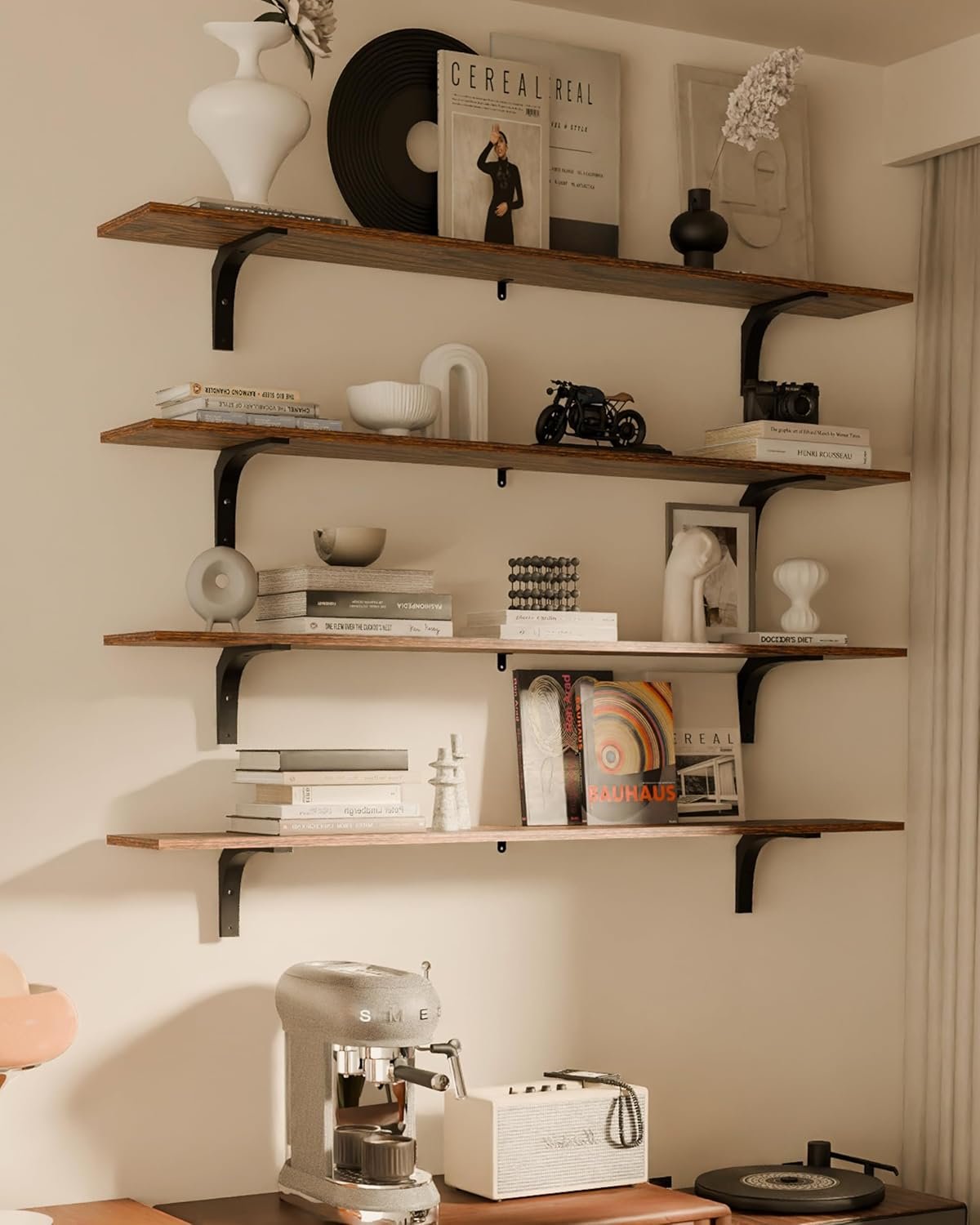 Rustic Wood Floating Shelves Set of 4, 48 Inch Long Wood Rustic Farmhouse Wall Shelves, Easy-to-Install Hanging Shelves for Living Room, Kitchen, and Bathroom, 50lbs Capacity (Brown, 4T48IN)