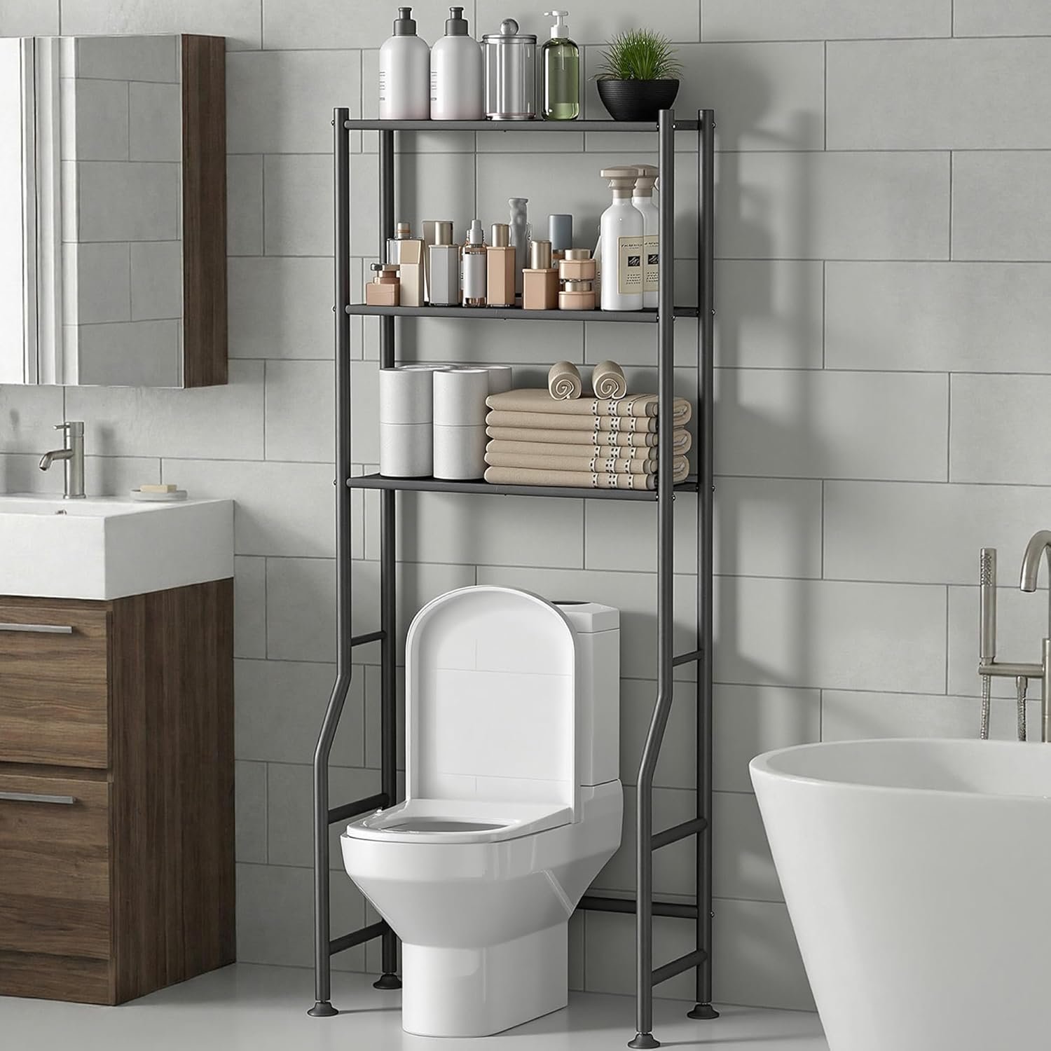 Livilord 3-Tier Over The Toilet Storage Rack, Space Saver Metal Bathroom Shelves, Freestanding Over Toilet Bathroom Organizer for Bathroom/Living Room (Black)