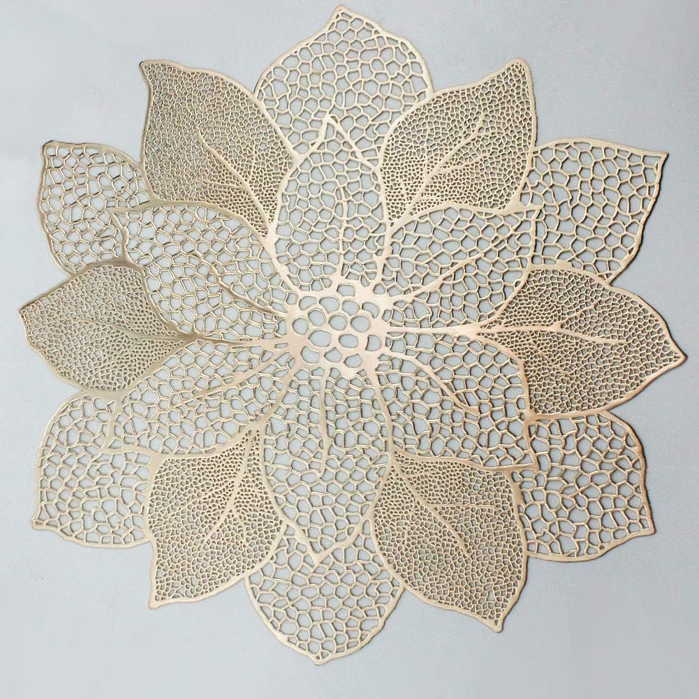 Gold Round Placemats for Dining Table Set of 6 Pressed Vinyl Metallic Table Mats Hollow Out Hibiscus Flower Place Mats for Dinner Decor Holiday Wedding Accent Centerpiece