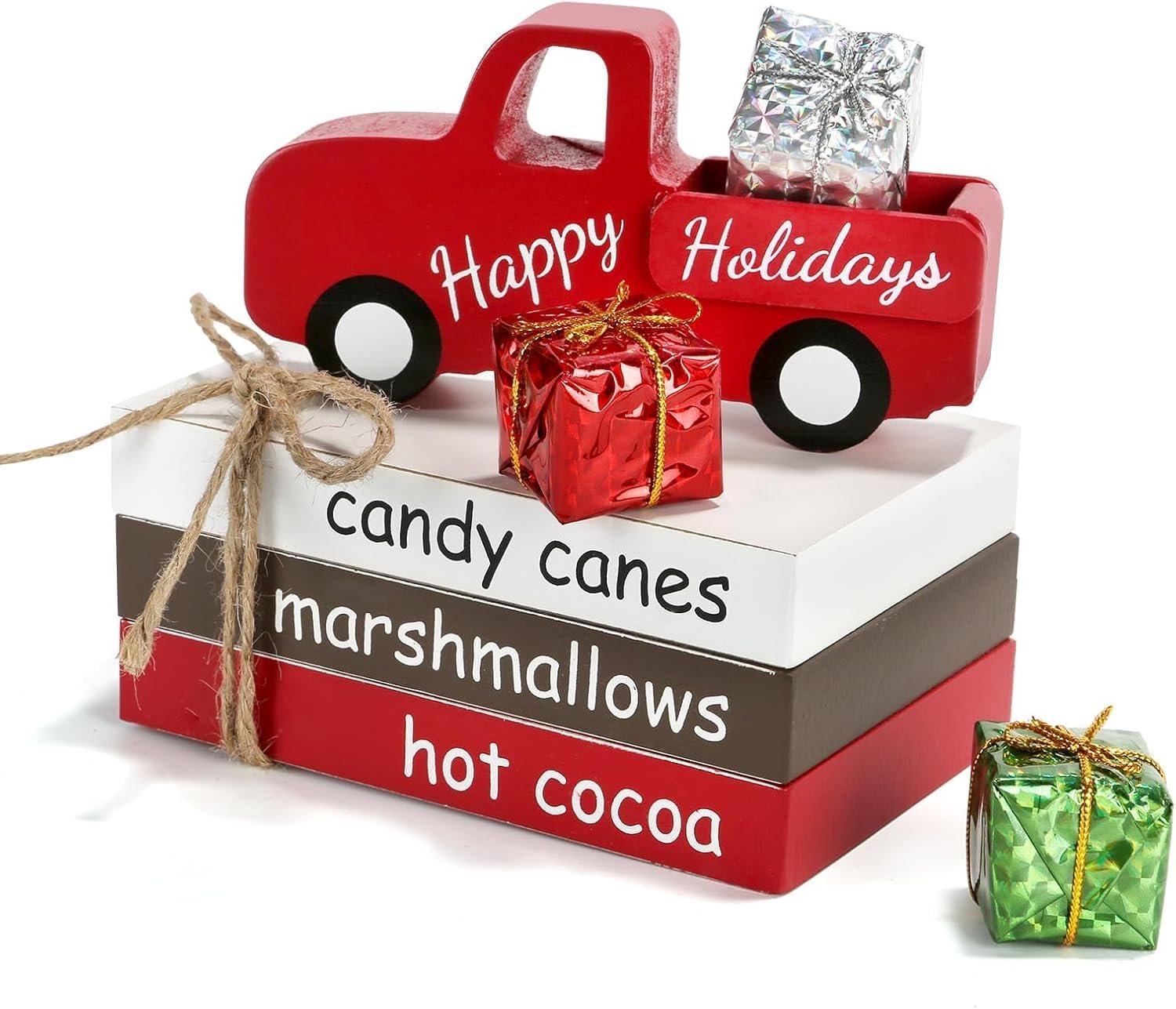 Christmas Decoration 7PCS Table Centerpieces, Tabletop Christmas Tiered Tray Shelf Mantel Fireplace Coffee Bar Office Desk Decor Farmhouse Xmas Wood Faux Book Sign and Gift Boxes Holiday Decoration