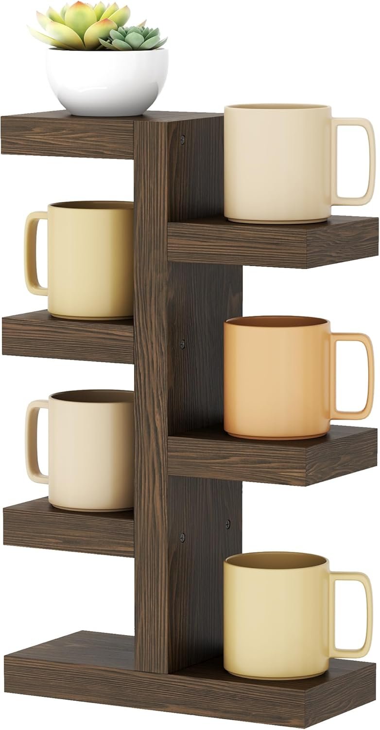 NiHome Coffee Mug Shelf Organizer – Vintage Distressed Wood Countertop Coffee Cup Holder, Holds 7 Mugs, Sturdy Mug Rack with Non-Slip Feet, Mugs Display Shelf, Curio Shelf, Knick Knack Shelf