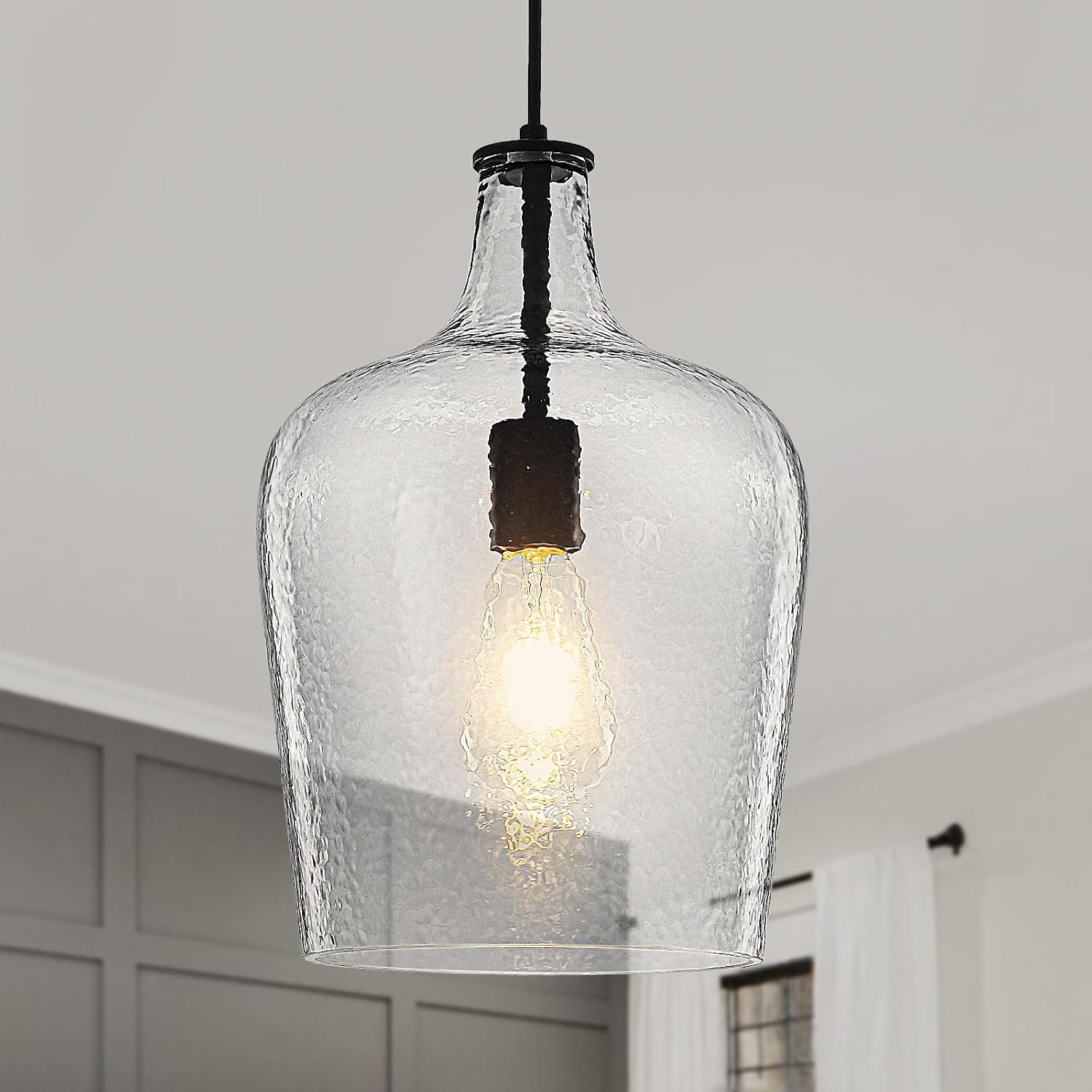 9.3″ Blown Glass Pendant Lighting for Kitchen Island,Black Large Pendant Light Fixture with blown Thickened Glass,1 Light Farmhouse Hanging Light for Hallway,Bedroom, Living Room Tall 14 inch